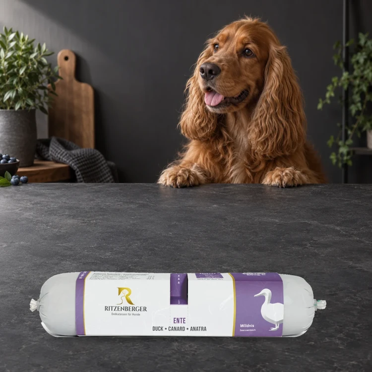 Ritzenberger Kaczka i pstrąg Duo-Rolls 2 × 400 g – karma mokra dla psa — z psem