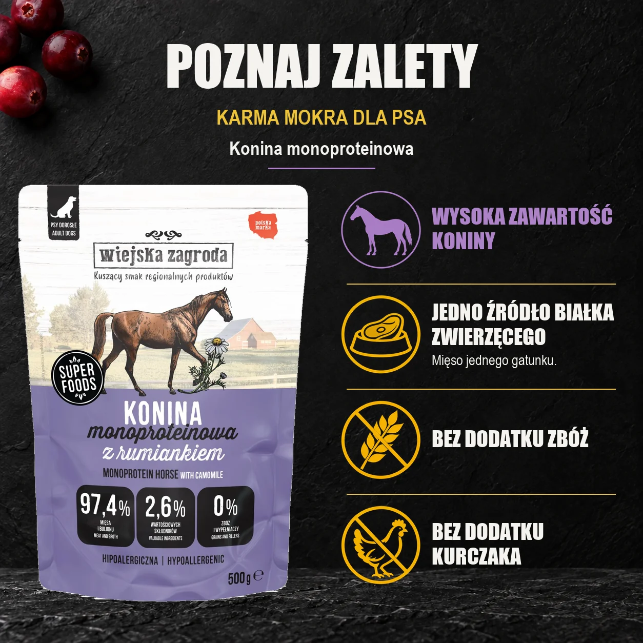 Wiejska Zagroda Konina monoproteinowa — zalety karmy mokrej dla psa.