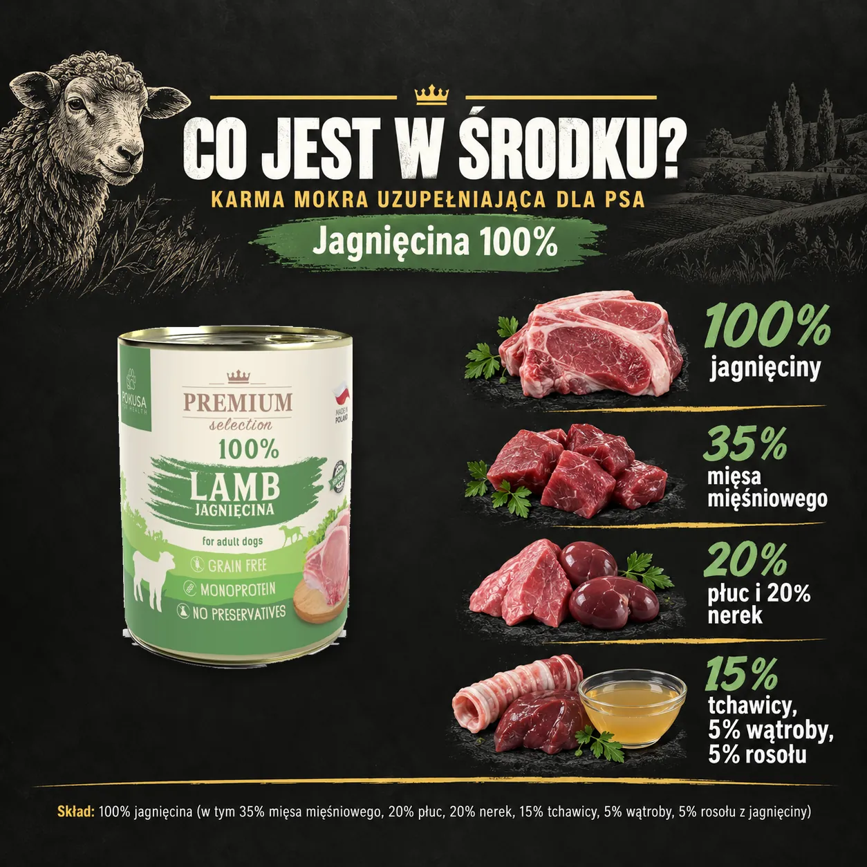 Sklad karmy mokrej Pokusa Jagnięcina 100%.