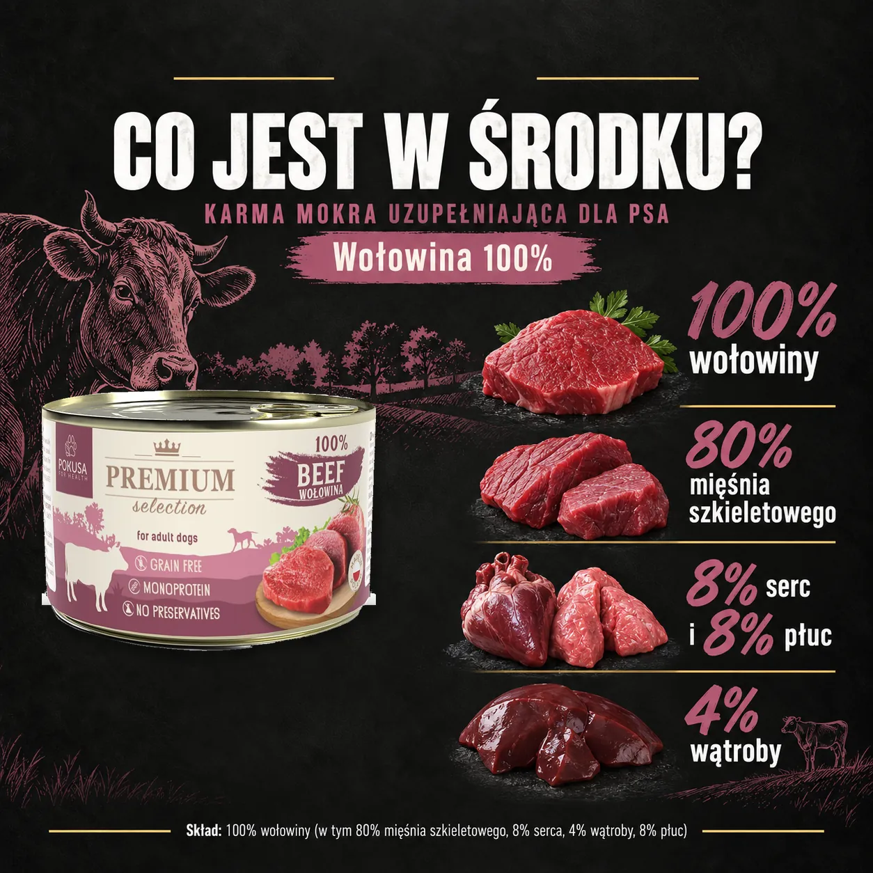 Sklad karmy mokrej Pokusa Wołowina 100%.