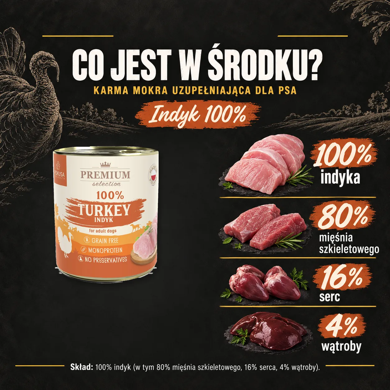 Sklad karmy mokrej Pokusa Indyk 100%.