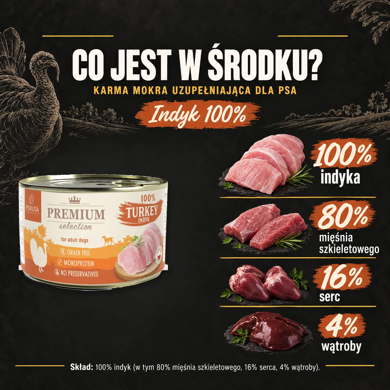 Sklad karmy mokrej Pokusa Indyk 100%.