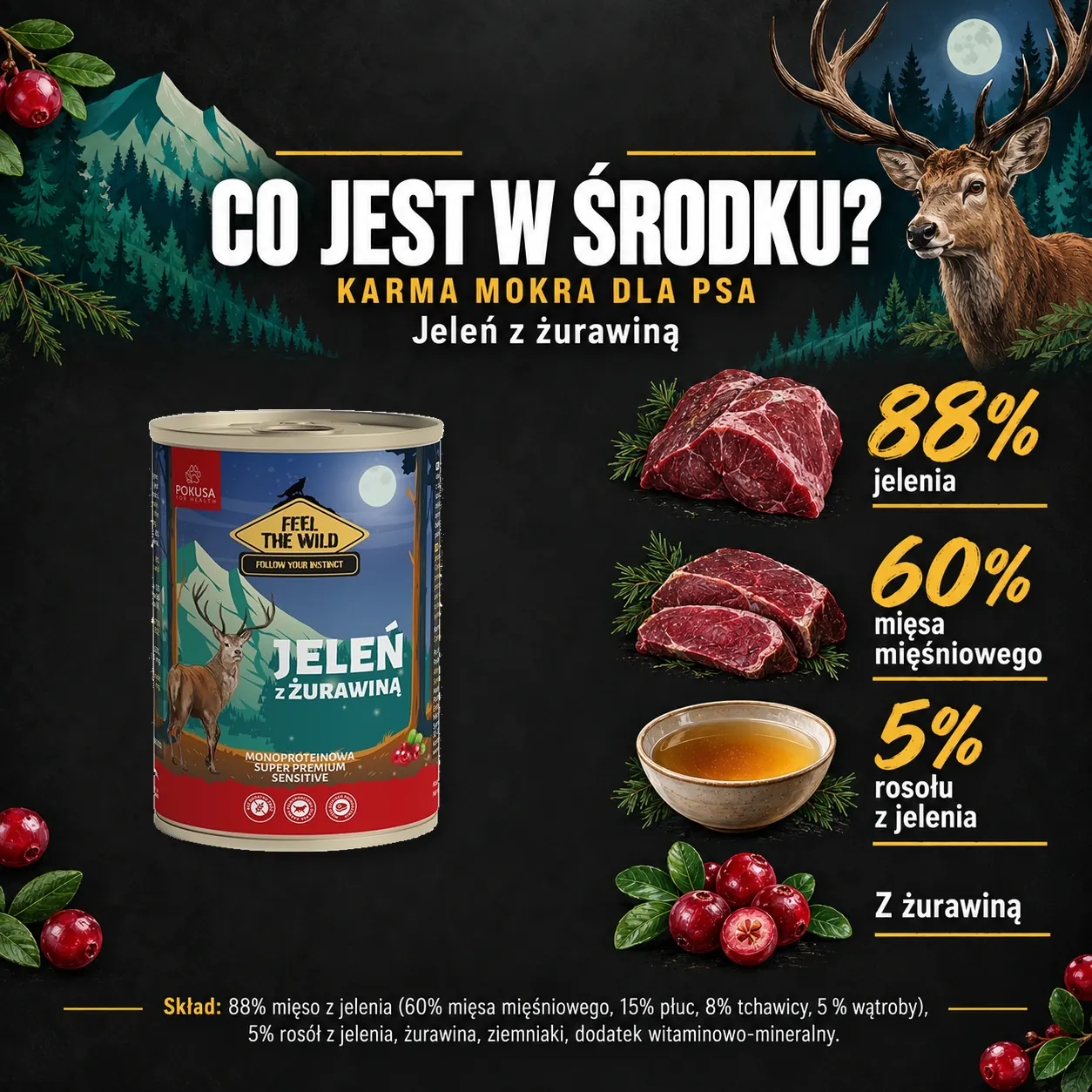 Sklad karmy mokrej Pokusa Jeleń z żurawiną.