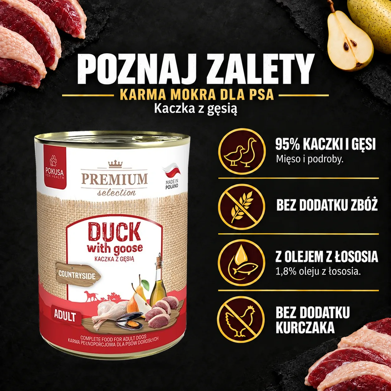 Poznaj zalety — Pokusa, kaczka-ges. Cechy konkretnej karmy z oryginalnym opakowaniem.
