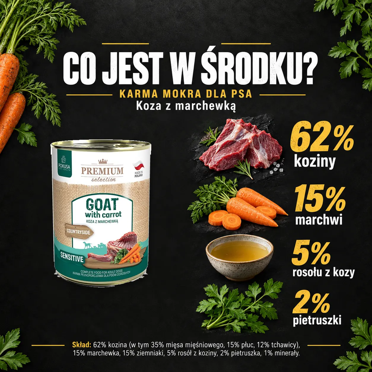 Sklad karmy mokrej Pokusa Koza z marchewką.
