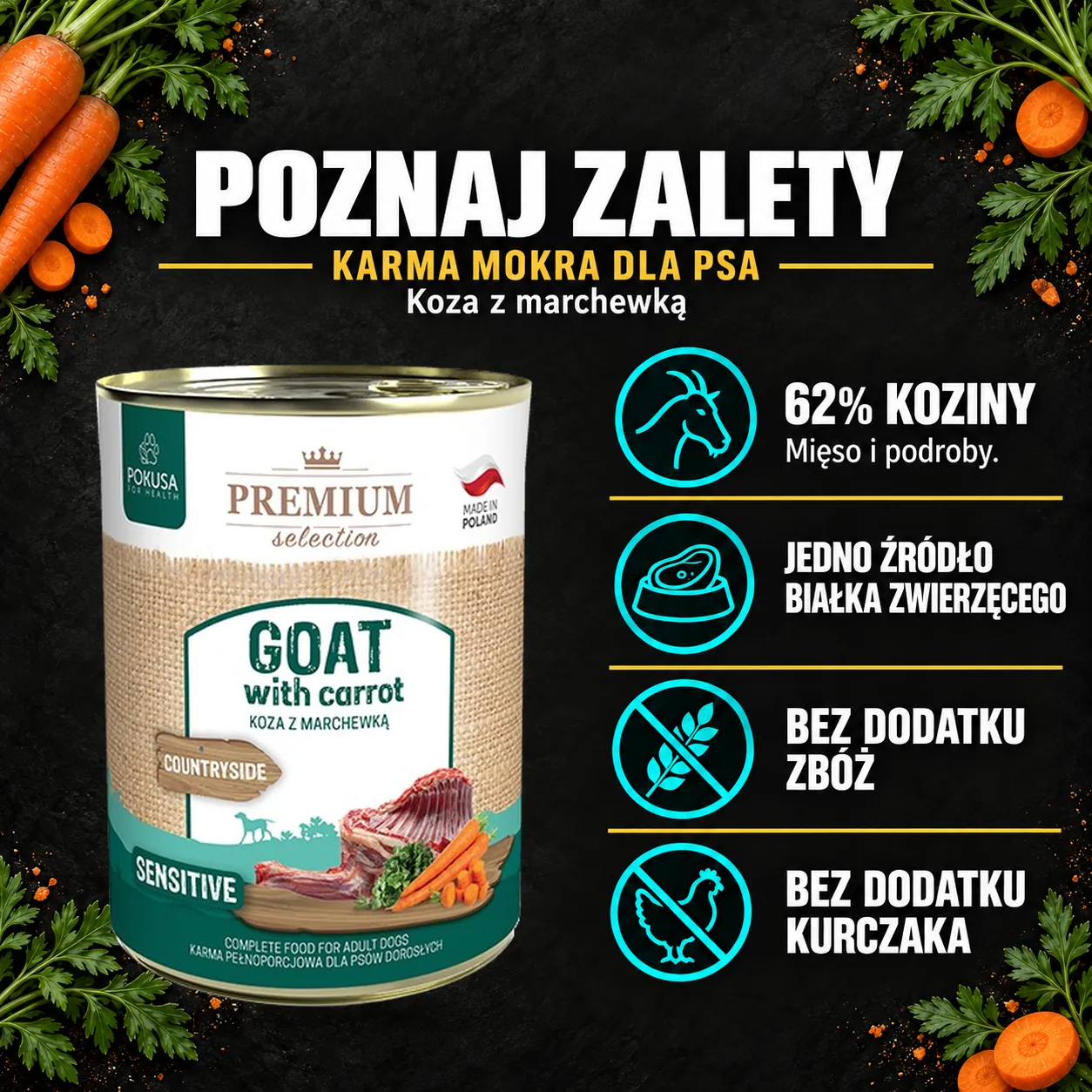 Poznaj zalety — Pokusa, koza-marchew. Cechy konkretnej karmy z oryginalnym opakowaniem.