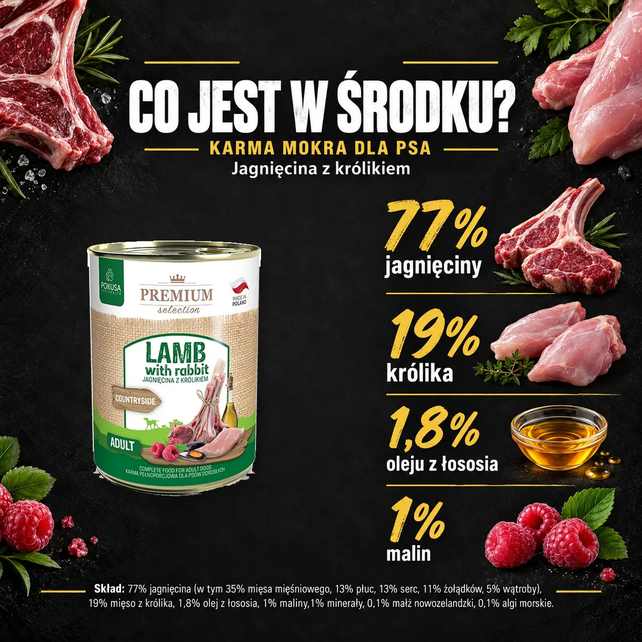 Sklad karmy mokrej Pokusa Jagnięcina z królikiem.