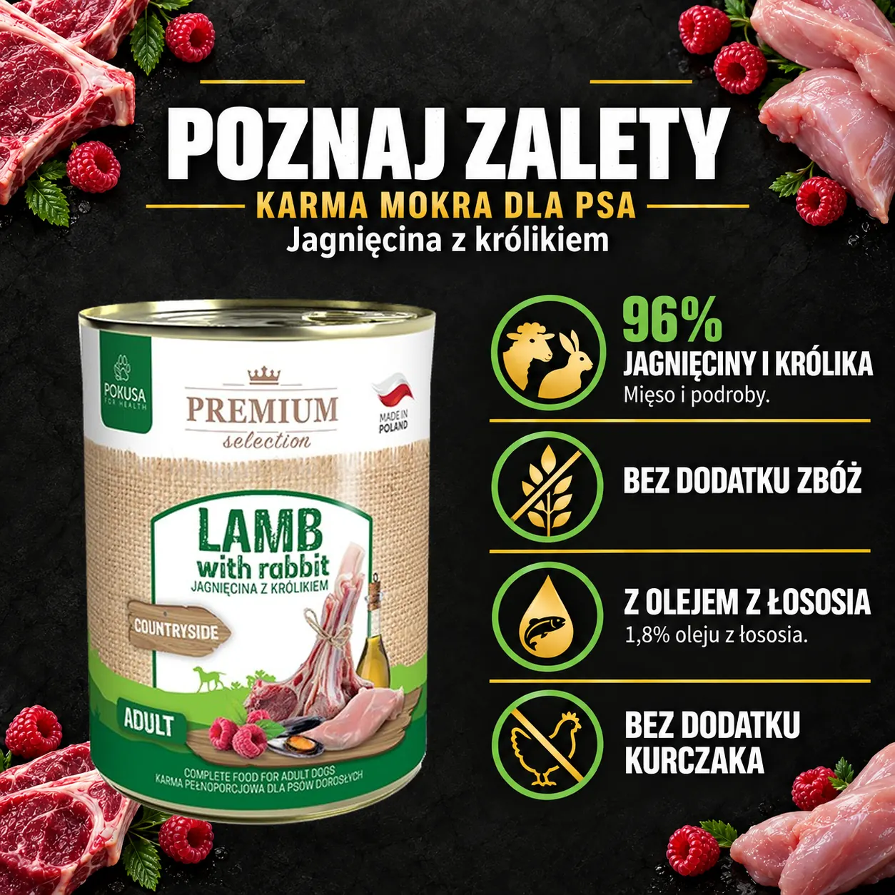 Poznaj zalety — Pokusa, jagniecina-krolik. Cechy konkretnej karmy z oryginalnym opakowaniem.