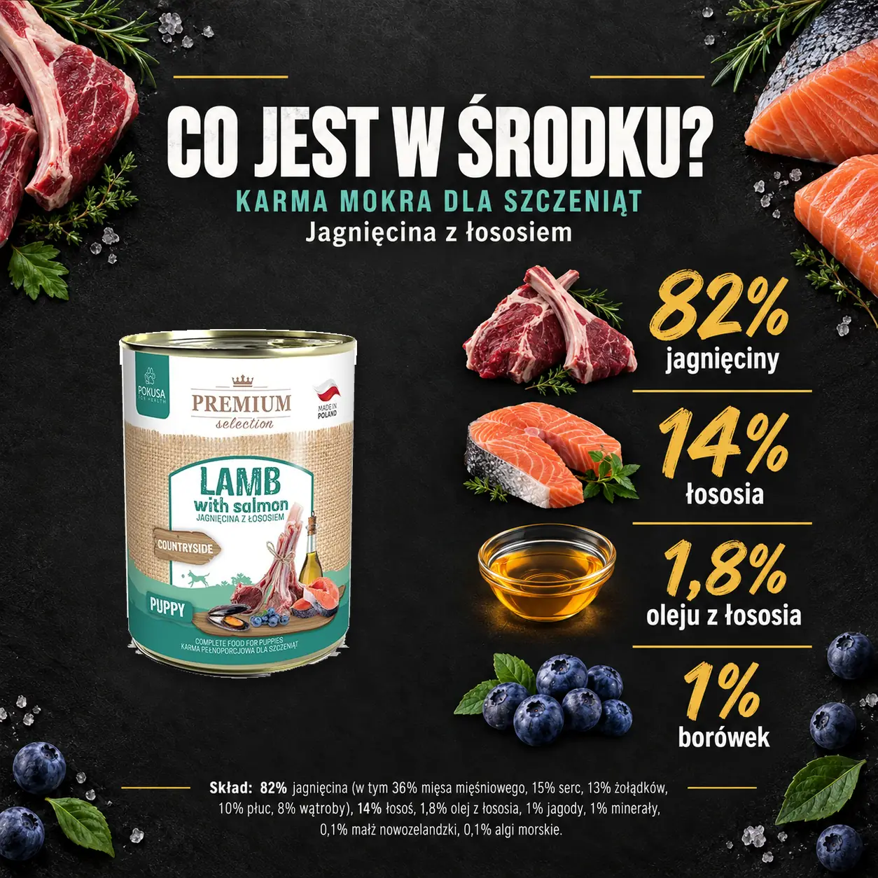 Sklad karmy mokrej Pokusa Jagnięcina z łososiem.