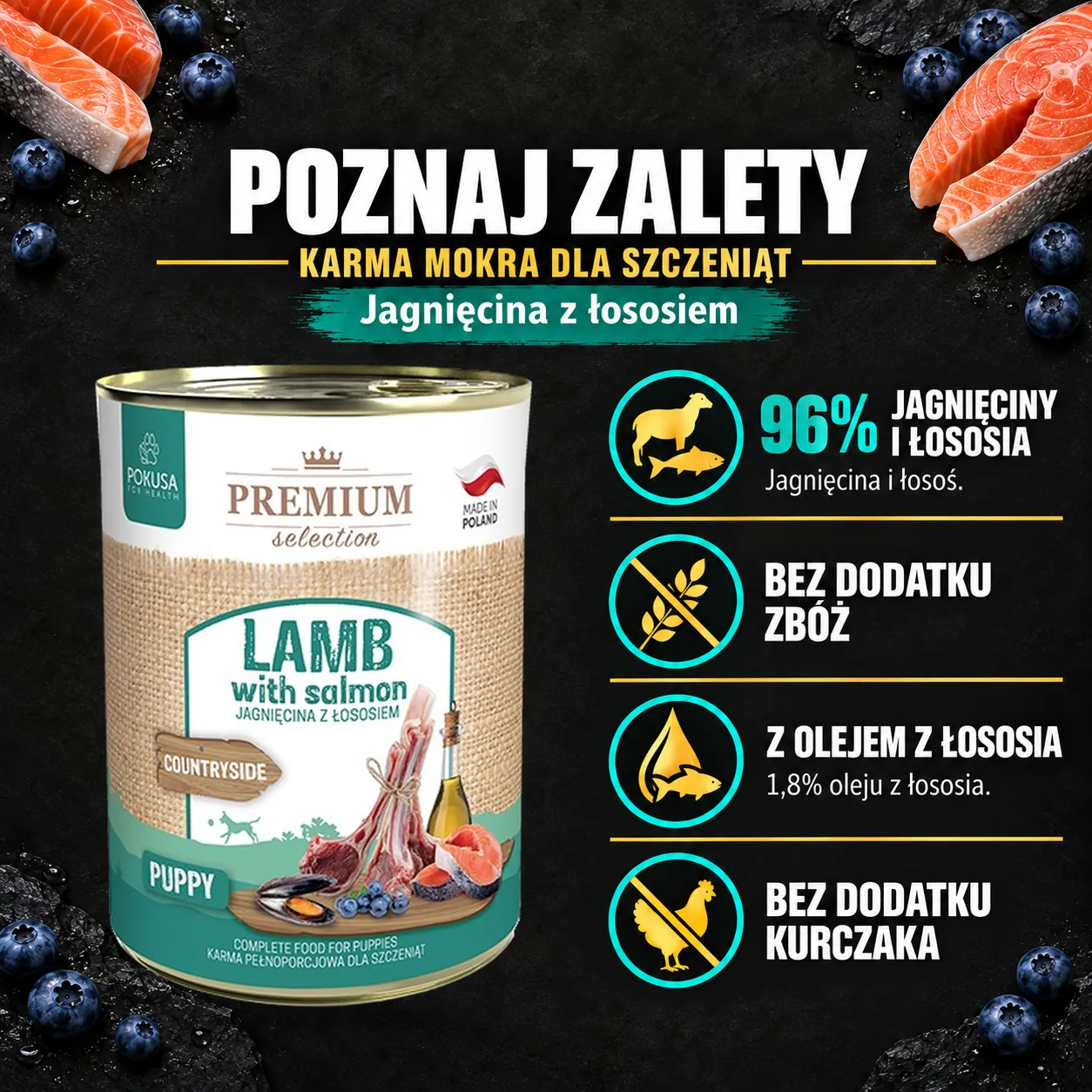 Poznaj zalety — Pokusa, jagniecina-losos-junior. Cechy konkretnej karmy z oryginalnym opakowaniem.