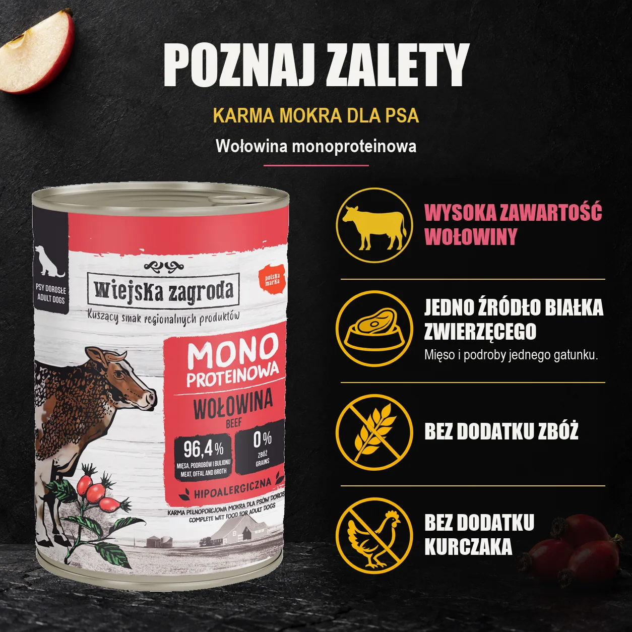 Wiejska Zagroda Wołowina monoproteinowa — zalety karmy mokrej dla psa.