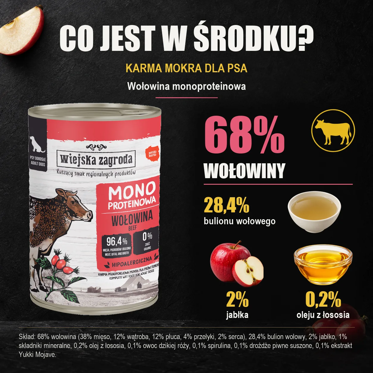 Wiejska Zagroda Wołowina monoproteinowa — skład karmy mokrej dla psa.