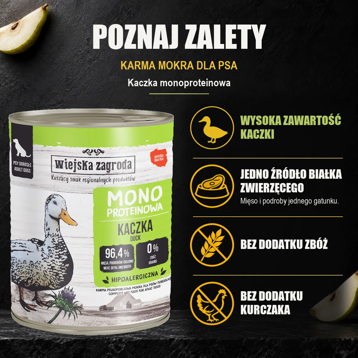 Wiejska Zagroda Kaczka monoproteinowa — zalety karmy mokrej dla psa.