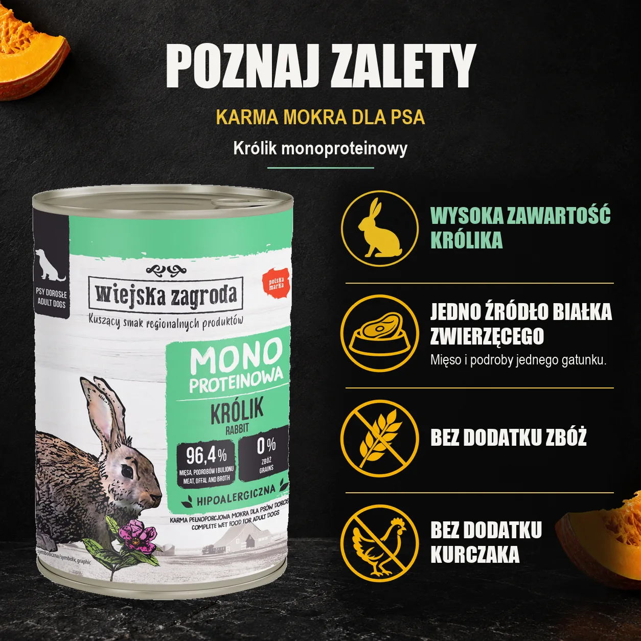 Wiejska Zagroda Królik monoproteinowy — zalety karmy mokrej dla psa.