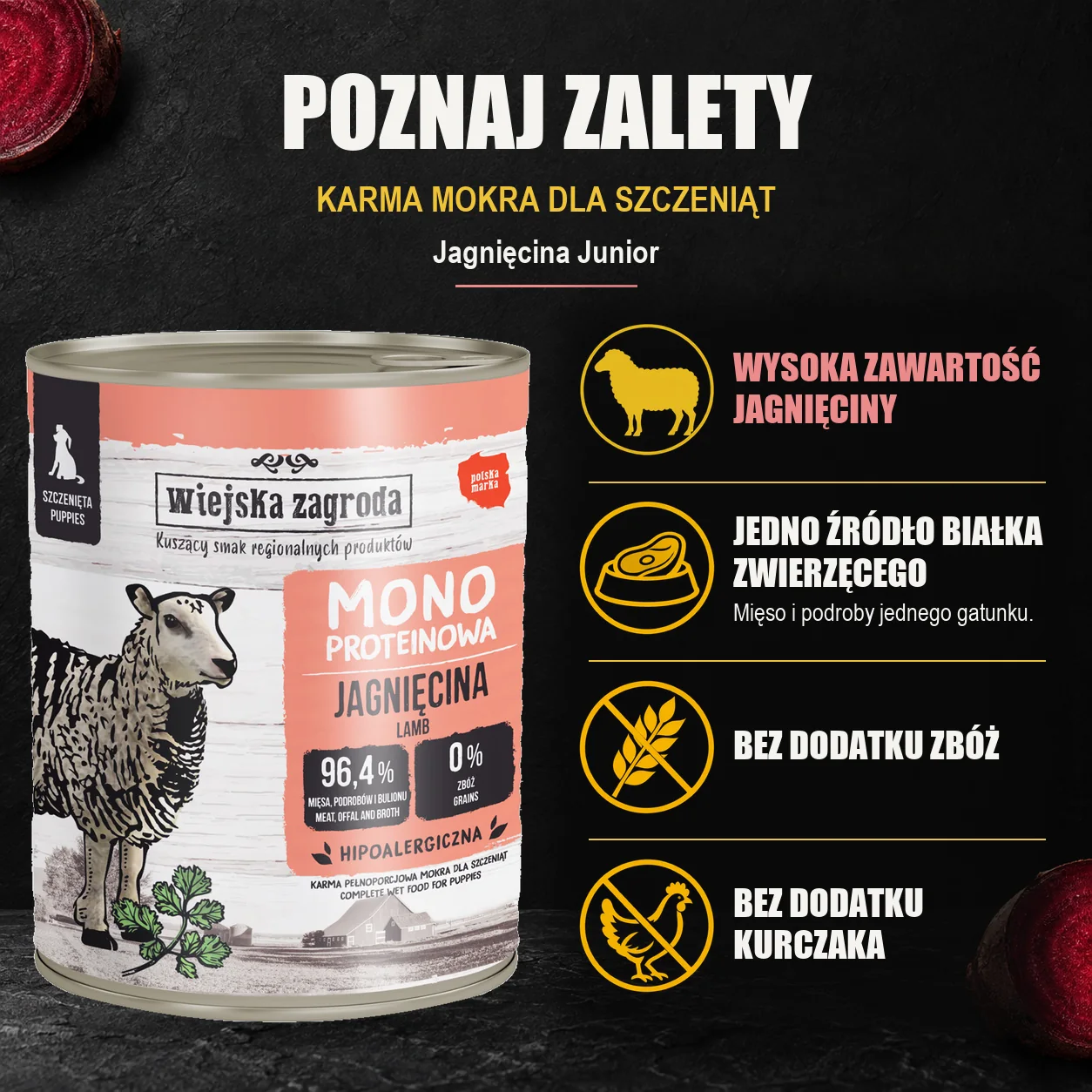 Wiejska Zagroda Jagnięcina Junior — zalety karmy mokrej dla szczeniąt.