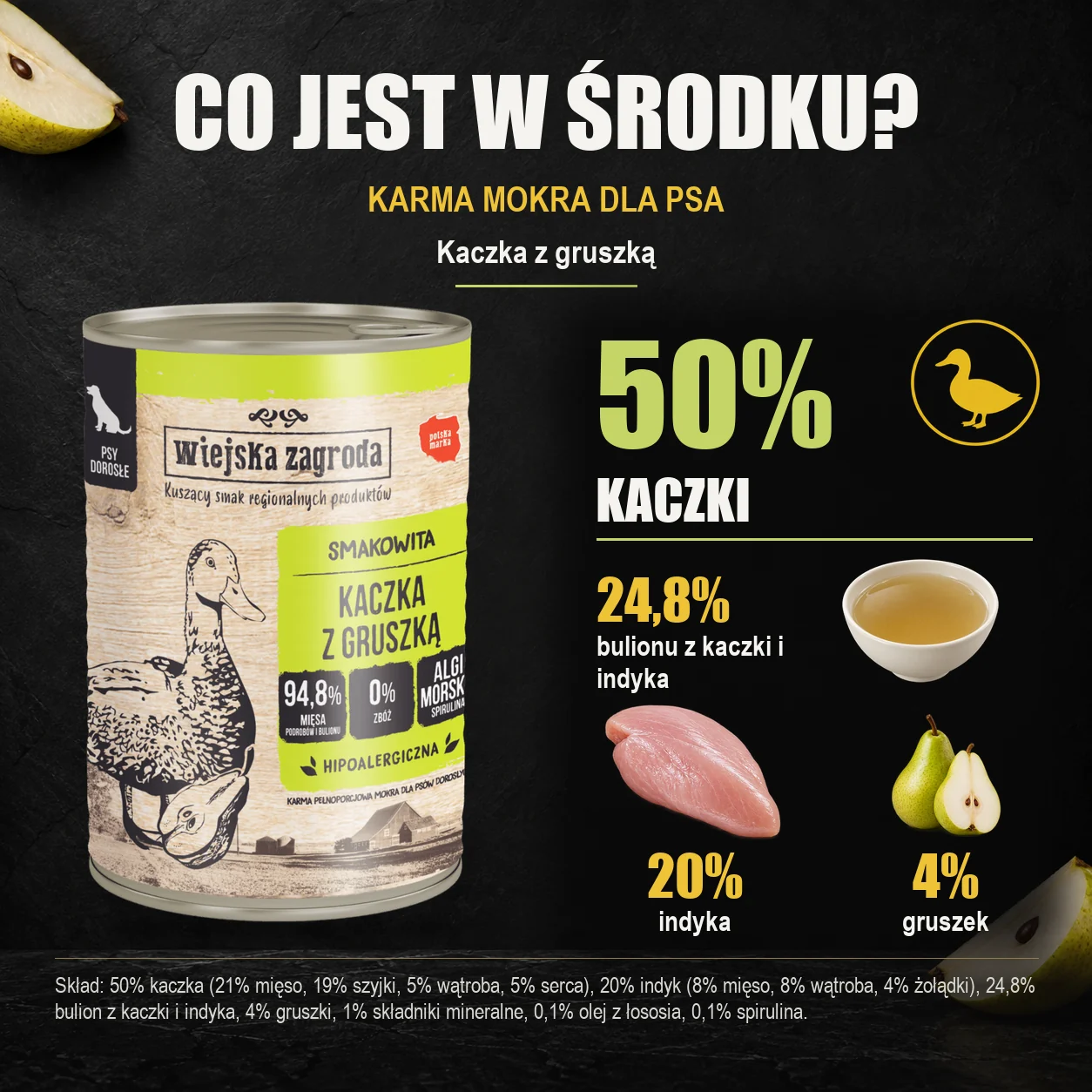 Wiejska Zagroda Kaczka z gruszką — skład karmy mokrej dla psa.