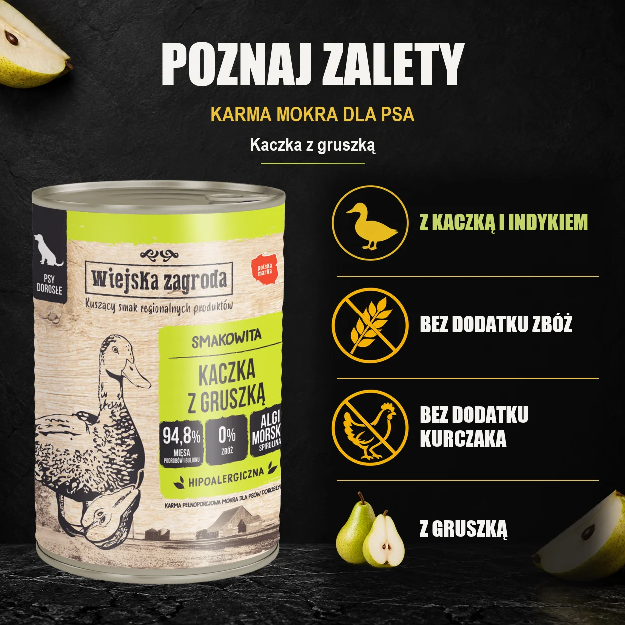 Wiejska Zagroda Kaczka z gruszką — zalety karmy mokrej dla psa.