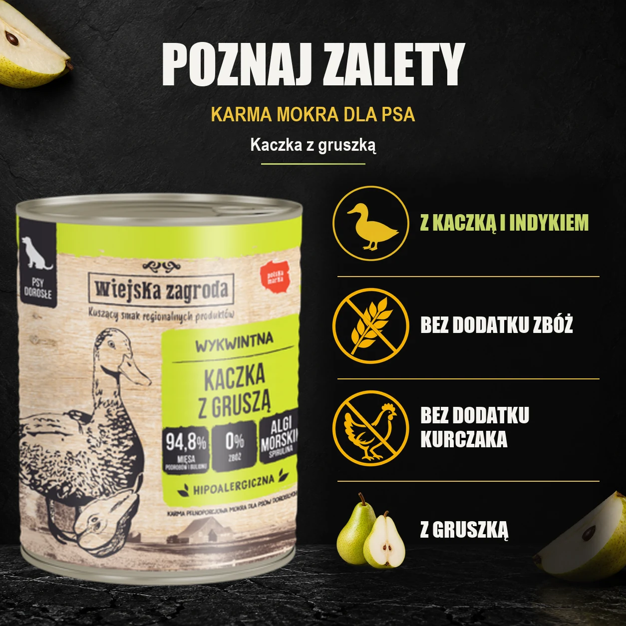 Wiejska Zagroda Kaczka z gruszką — zalety karmy mokrej dla psa.