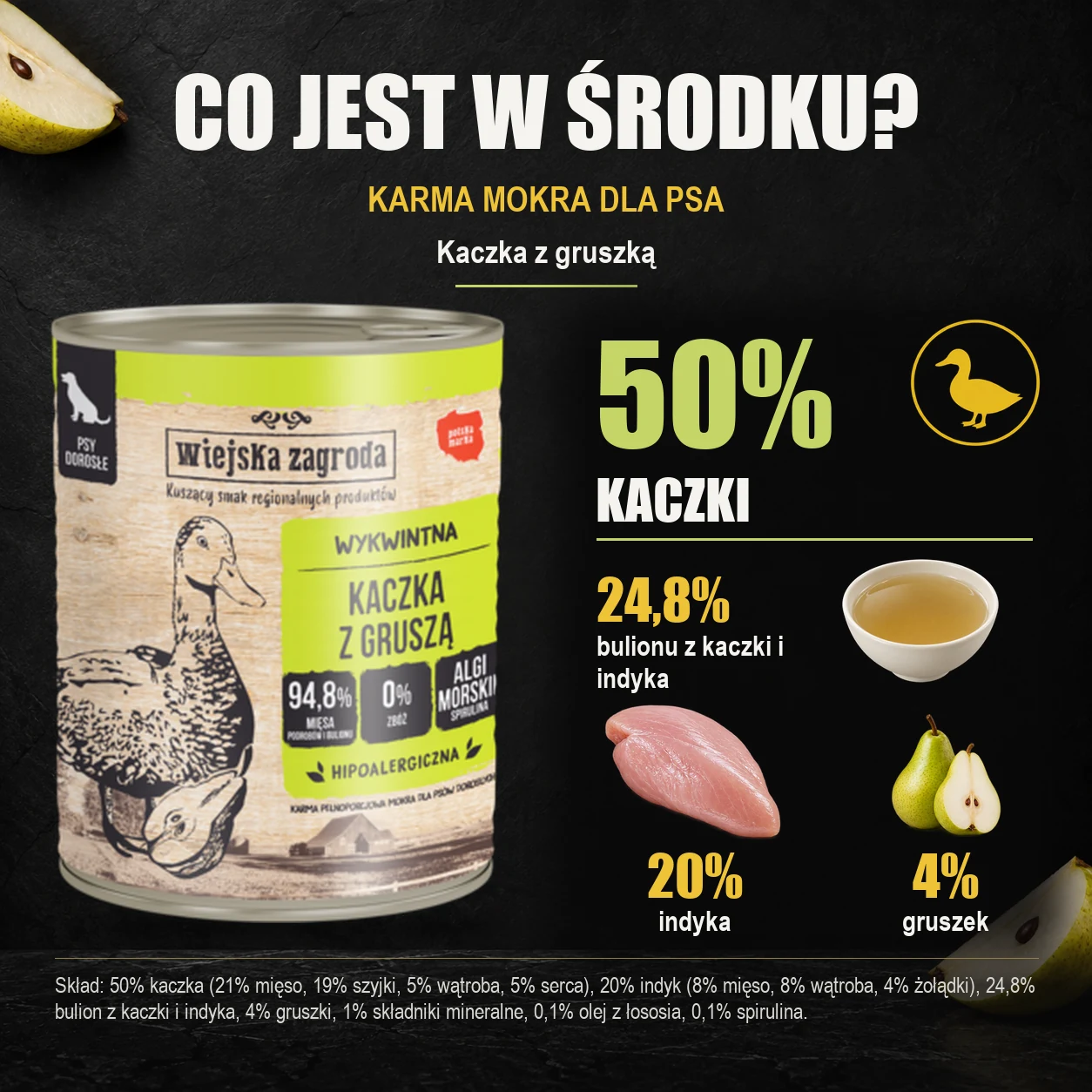 Wiejska Zagroda Kaczka z gruszką — skład karmy mokrej dla psa.