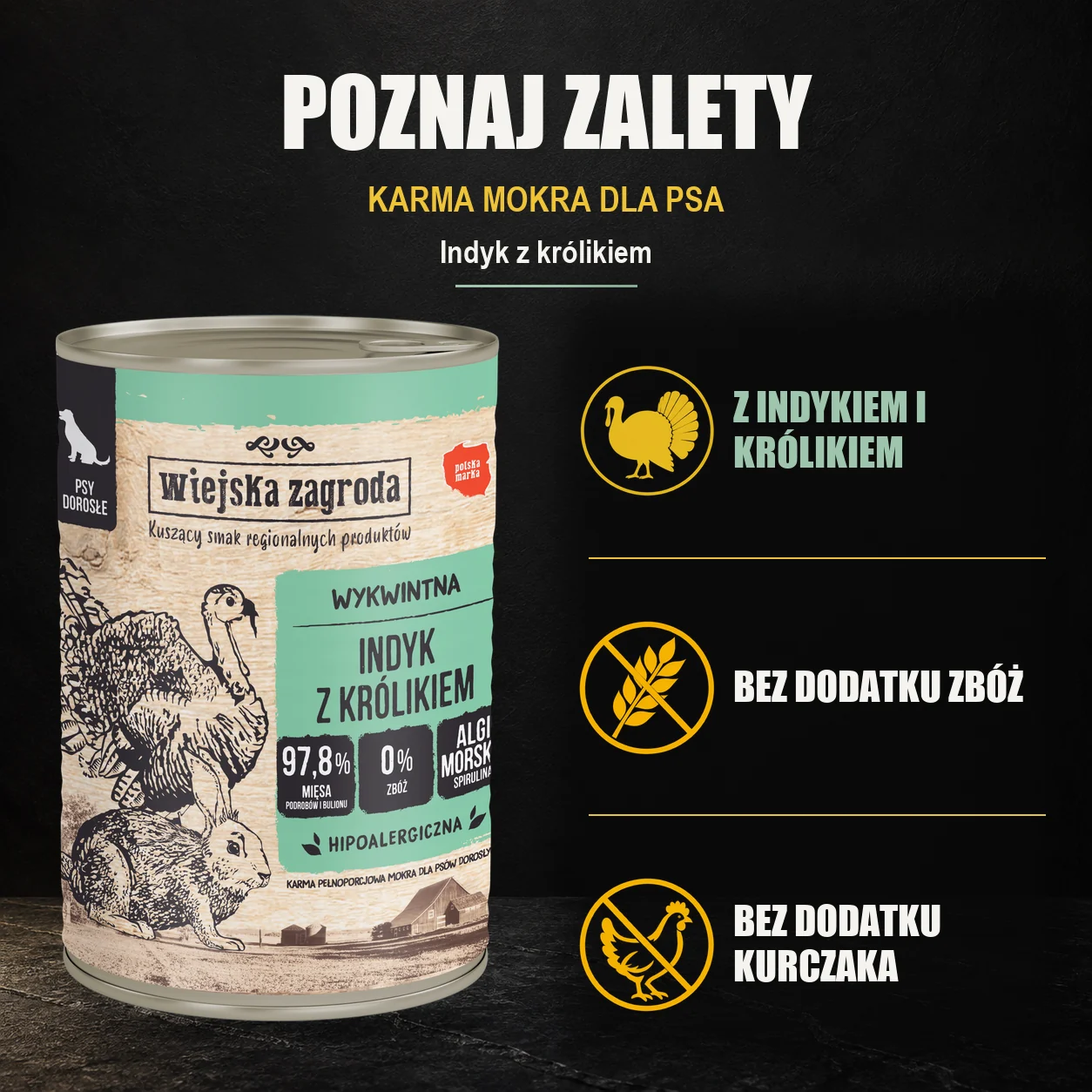 Wiejska Zagroda Indyk z królikiem — zalety karmy mokrej dla psa.