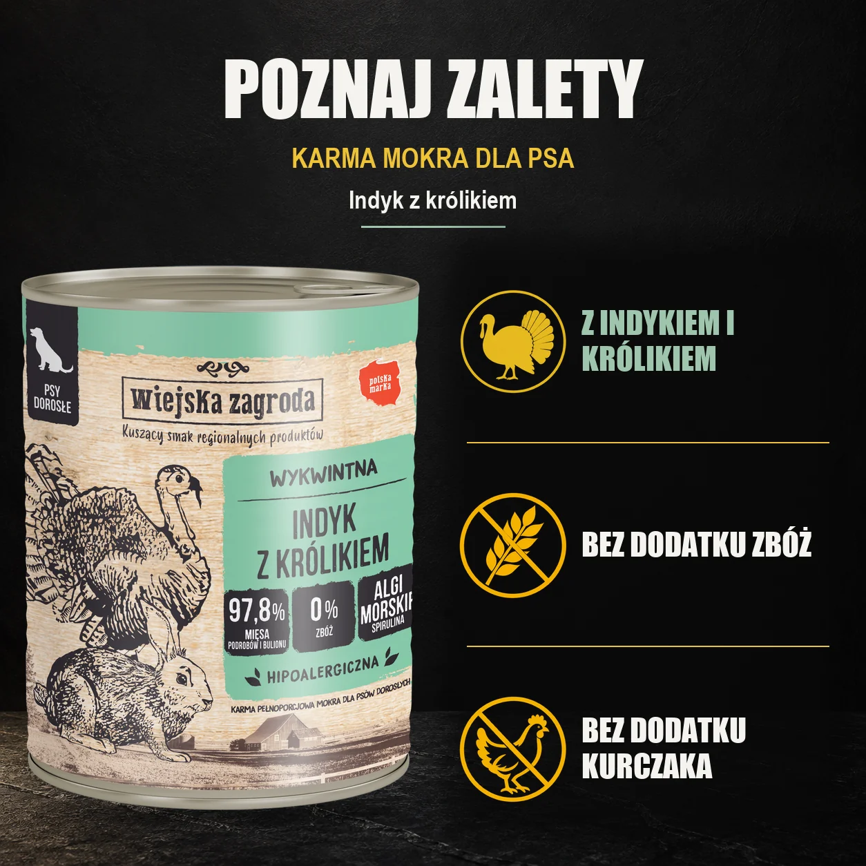 Wiejska Zagroda Indyk z królikiem — zalety karmy mokrej dla psa.