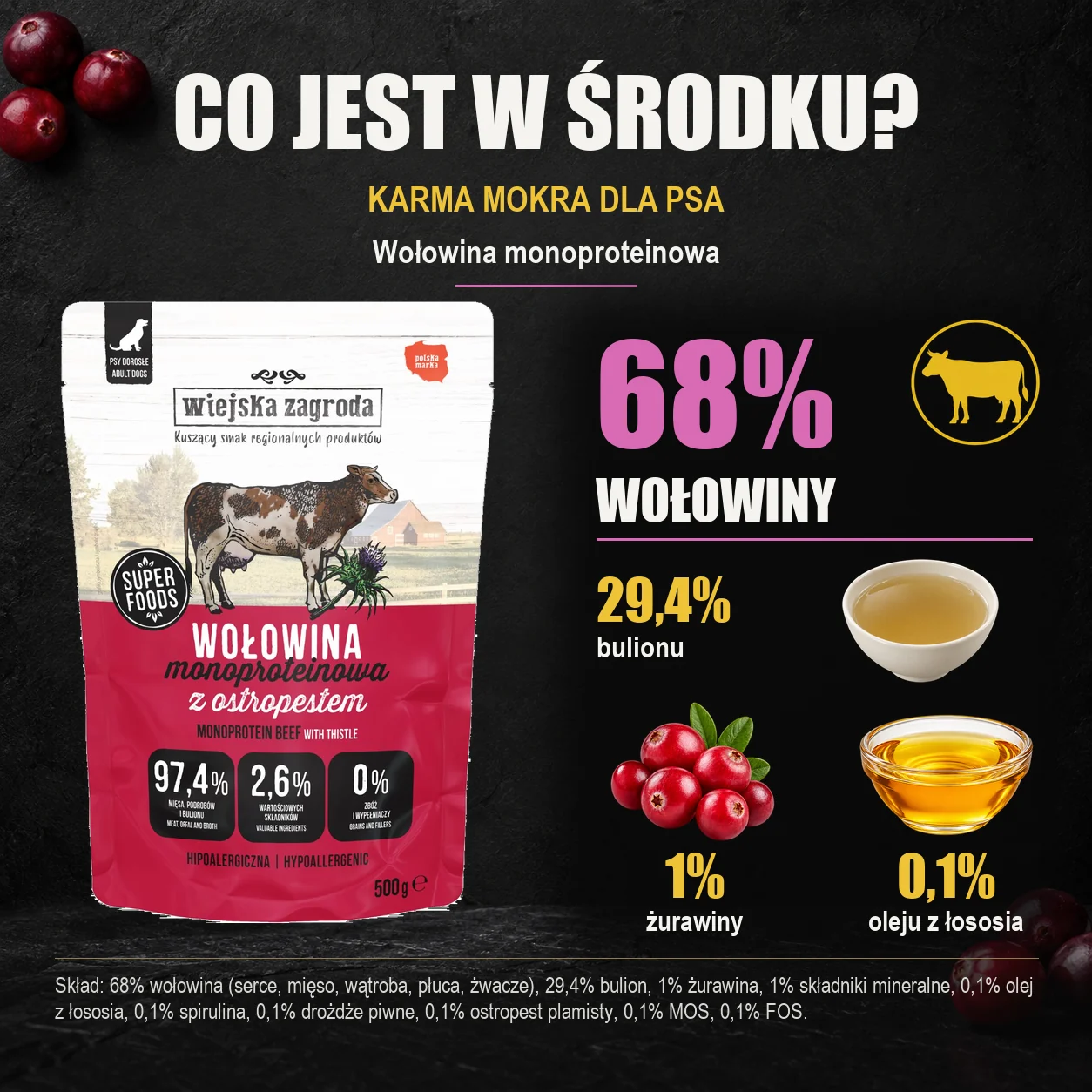 Wiejska Zagroda Wołowina monoproteinowa — skład karmy mokrej dla psa.