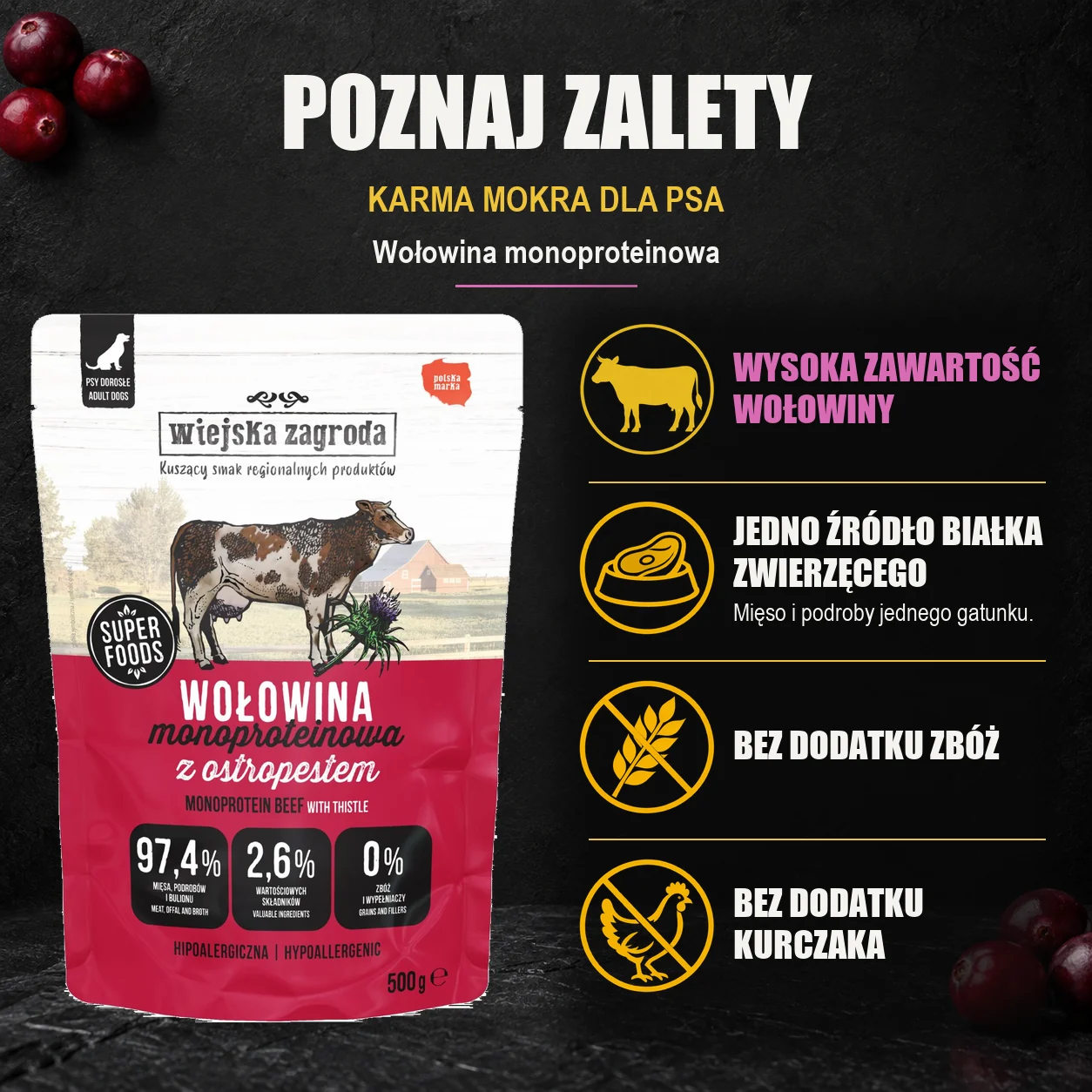 Wiejska Zagroda Wołowina monoproteinowa — zalety karmy mokrej dla psa.