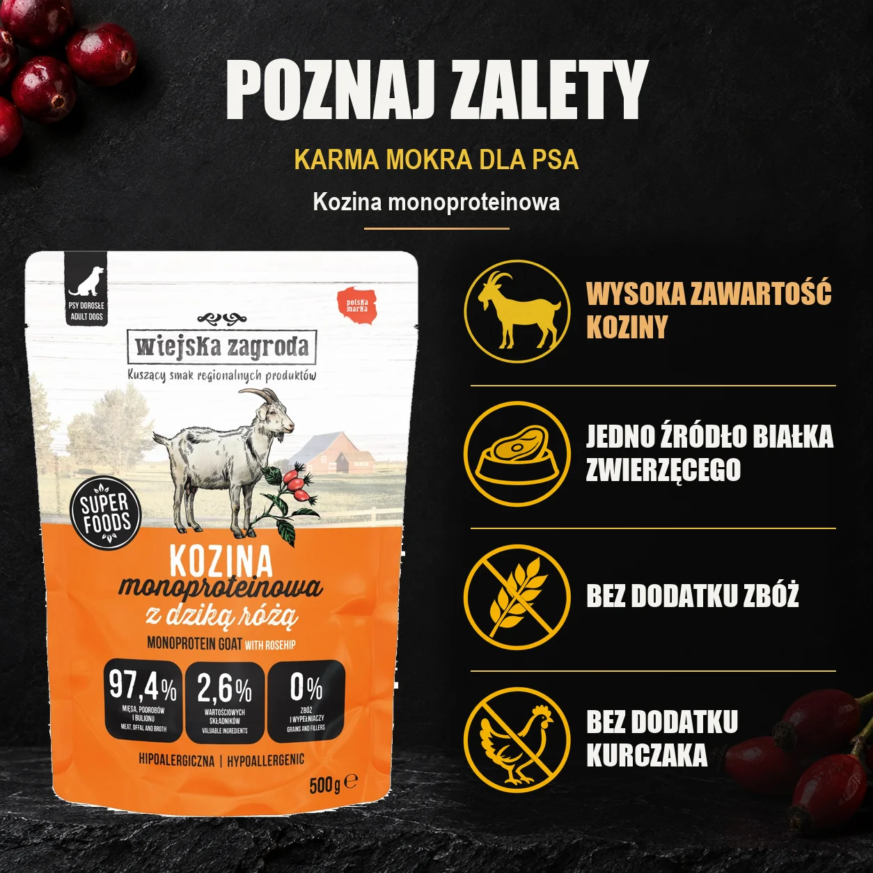 Wiejska Zagroda Kozina monoproteinowa — zalety karmy mokrej dla psa.