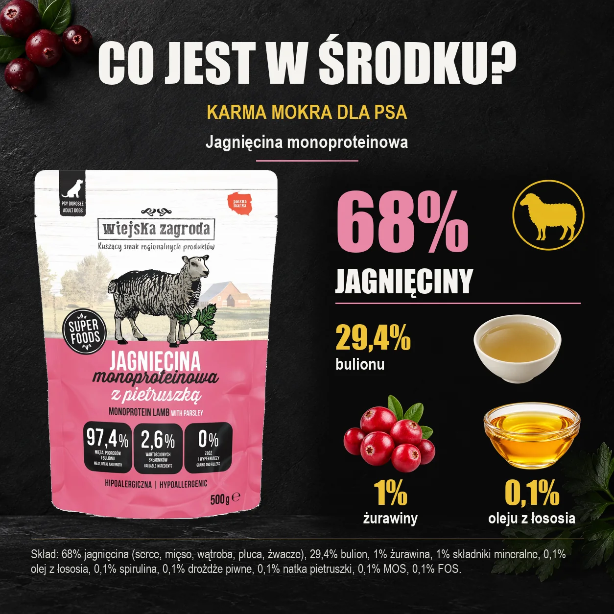 Wiejska Zagroda Jagnięcina monoproteinowa — skład karmy mokrej dla psa.