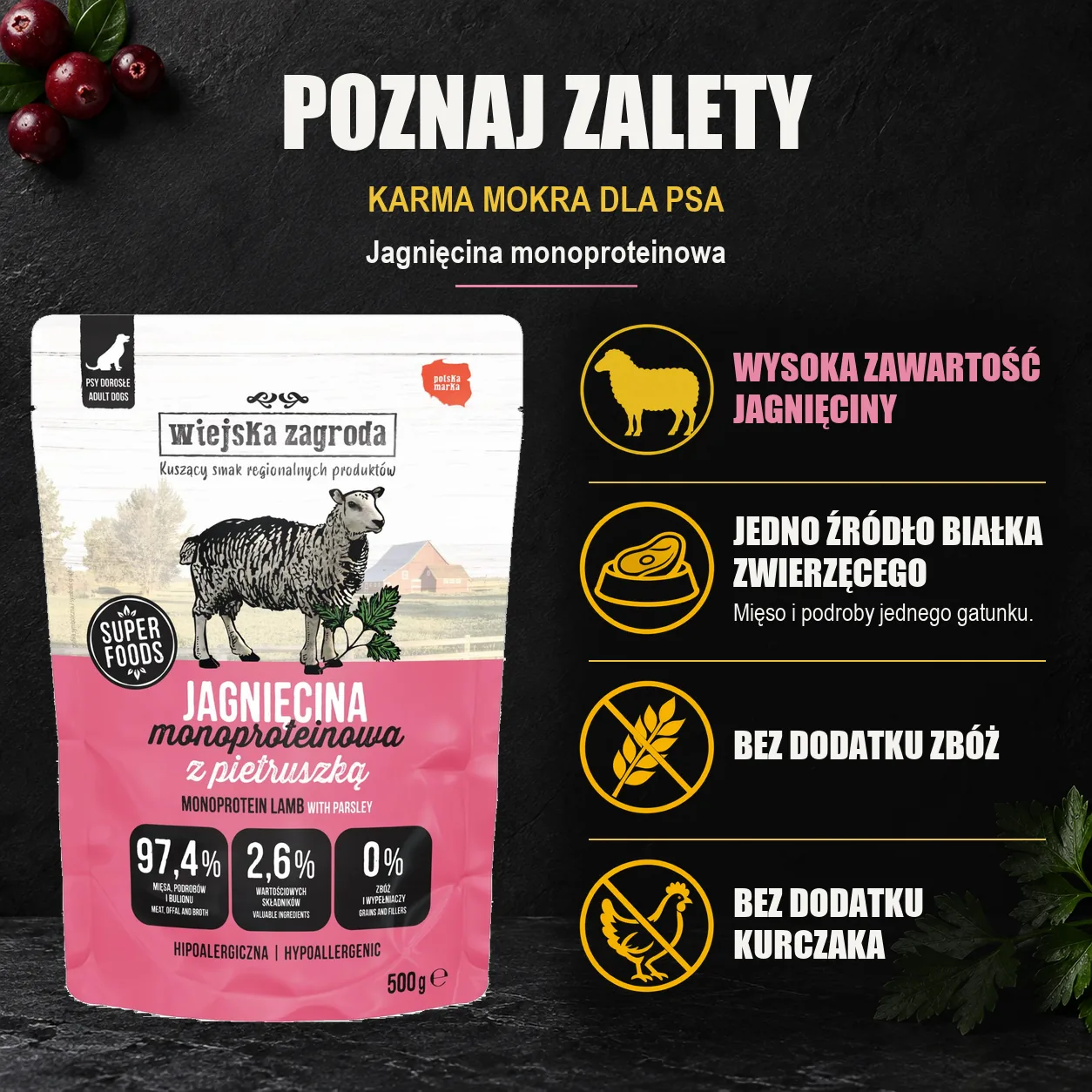 Wiejska Zagroda Jagnięcina monoproteinowa — zalety karmy mokrej dla psa.
