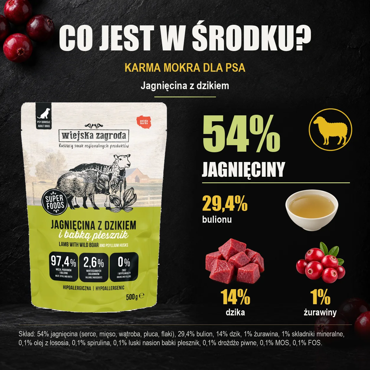Wiejska Zagroda Jagnięcina z dzikiem — skład karmy mokrej dla psa.