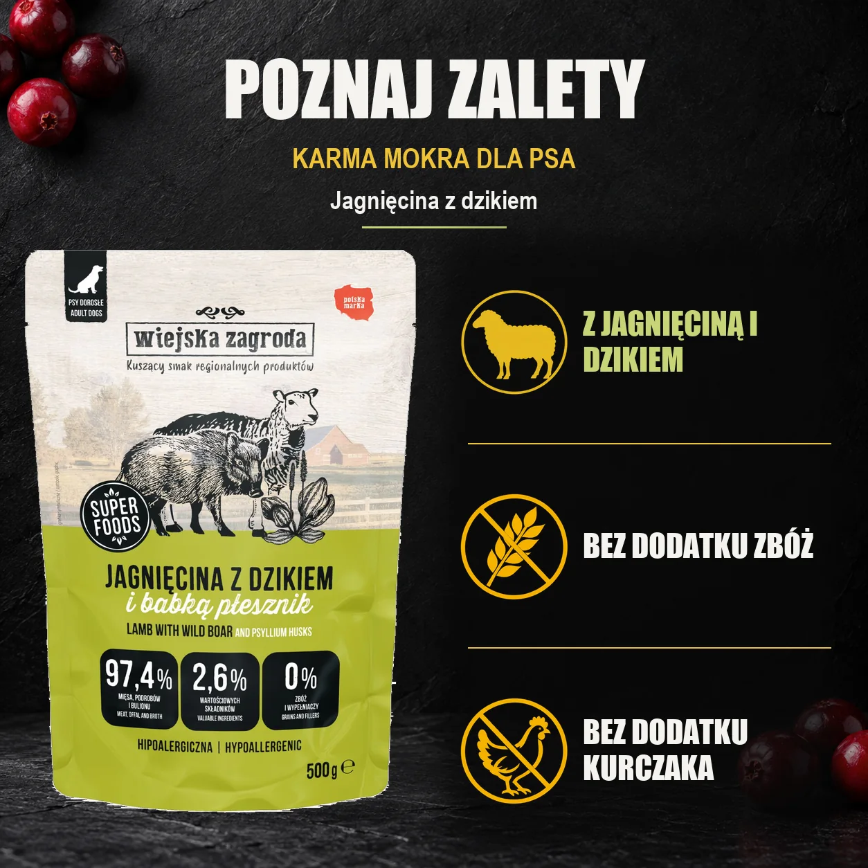 Wiejska Zagroda Jagnięcina z dzikiem — zalety karmy mokrej dla psa.