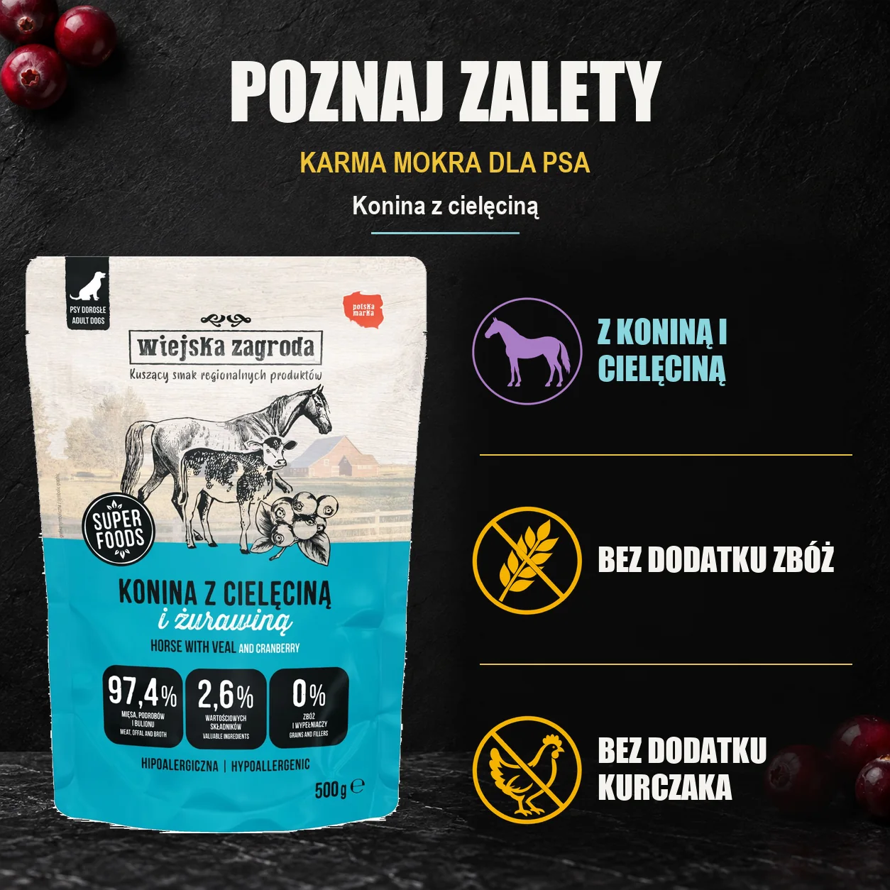 Wiejska Zagroda Konina z cielęciną — zalety karmy mokrej dla psa.
