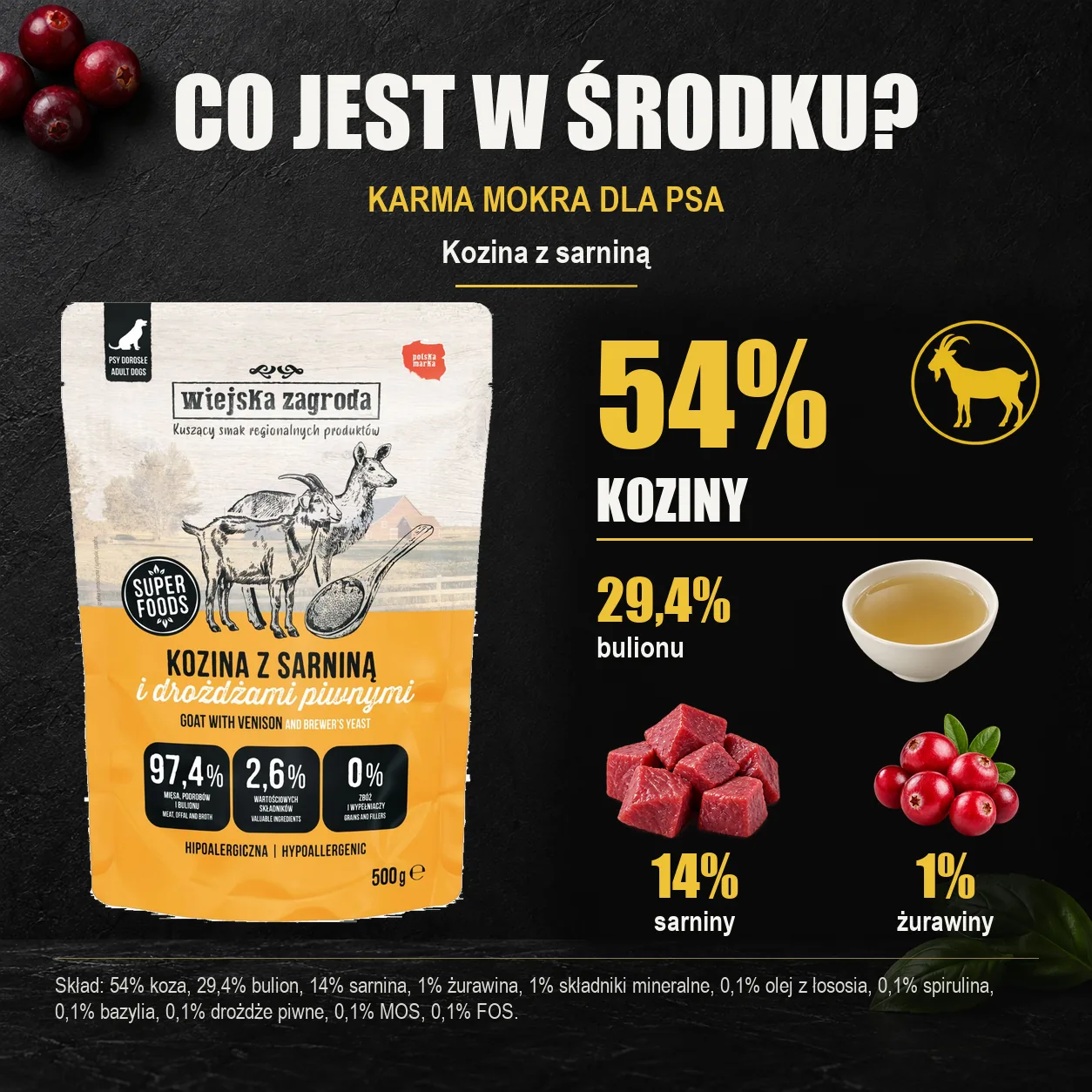 Wiejska Zagroda Kozina z sarniną — skład karmy mokrej dla psa.