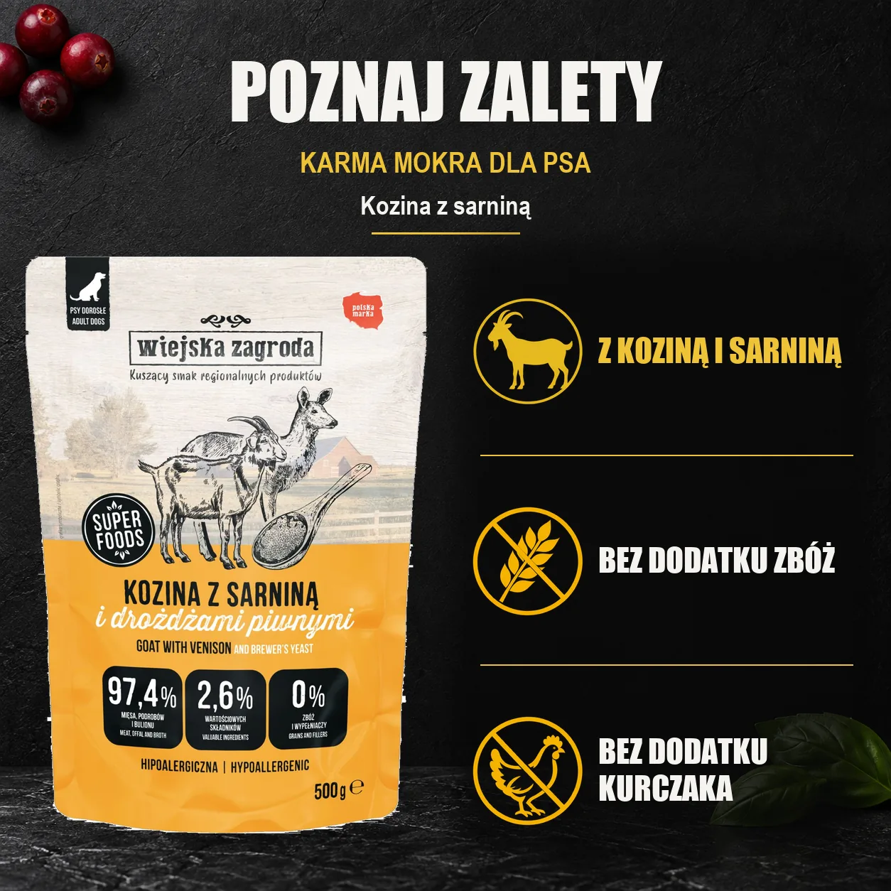 Wiejska Zagroda Kozina z sarniną — zalety karmy mokrej dla psa.