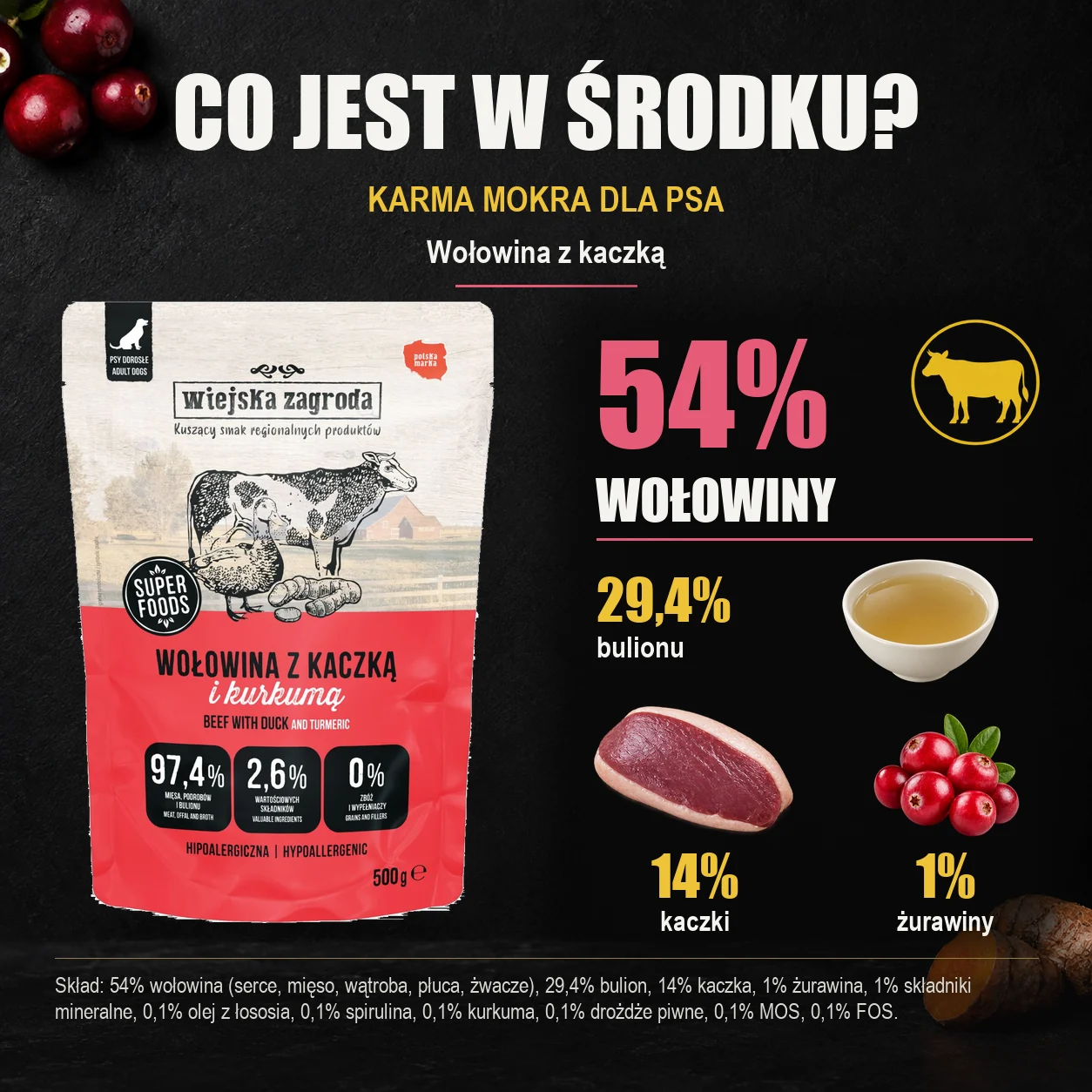 Wiejska Zagroda Wołowina z kaczką — skład karmy mokrej dla psa.