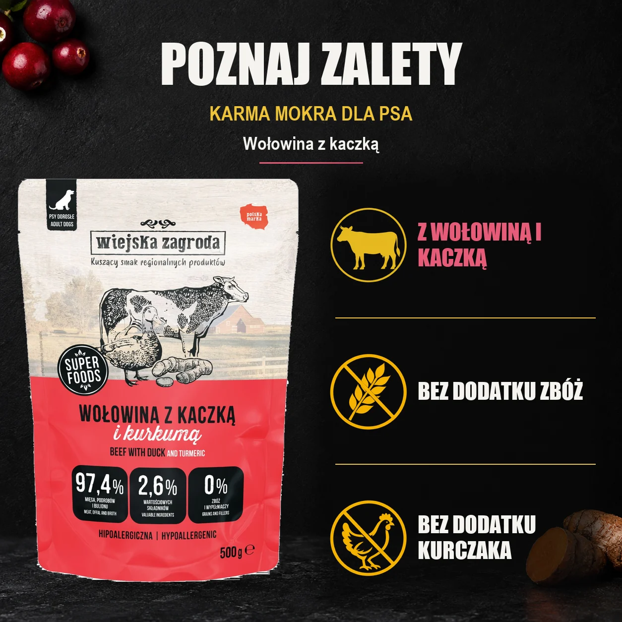 Wiejska Zagroda Wołowina z kaczką — zalety karmy mokrej dla psa.