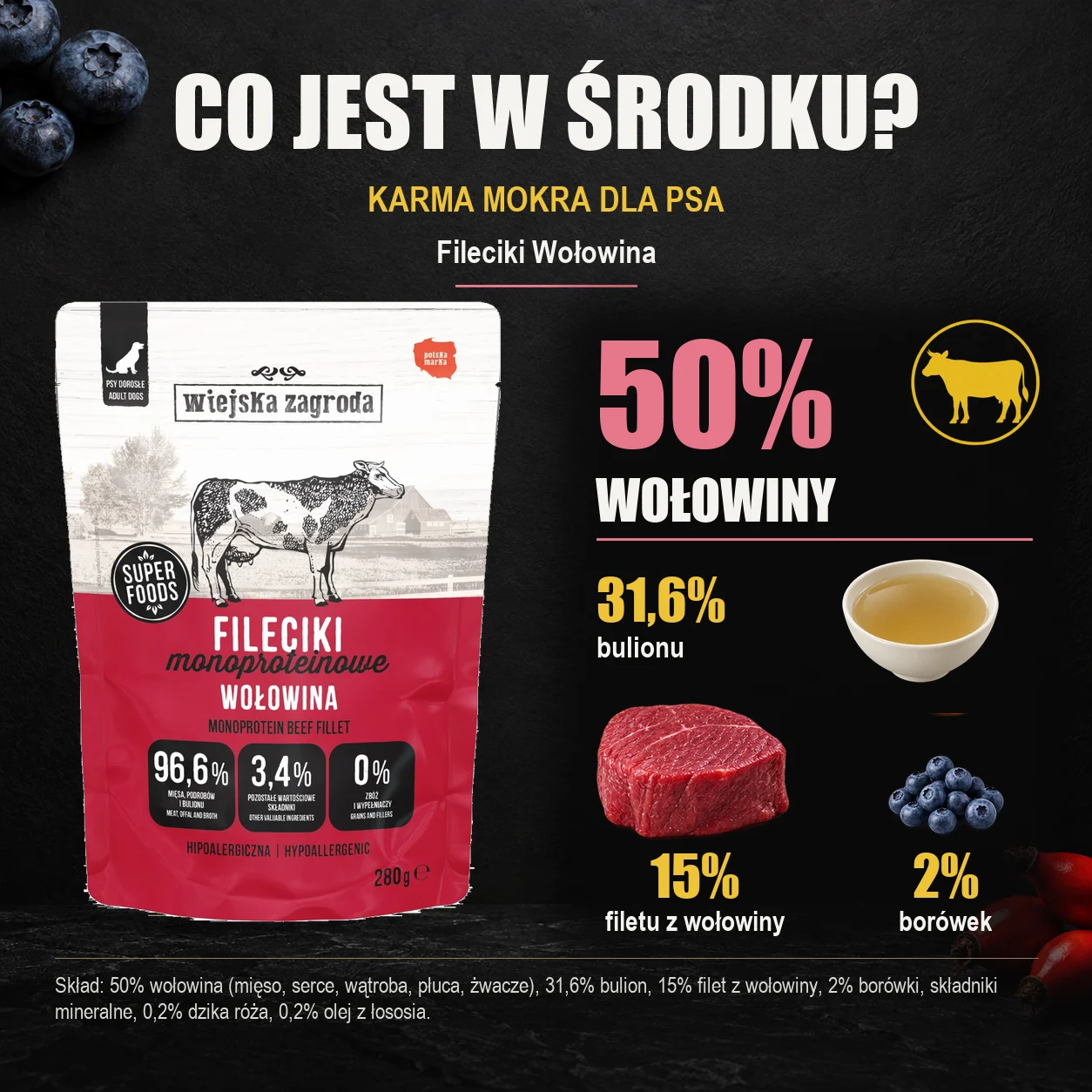 Wiejska Zagroda Fileciki Wołowina — skład karmy mokrej dla psa.