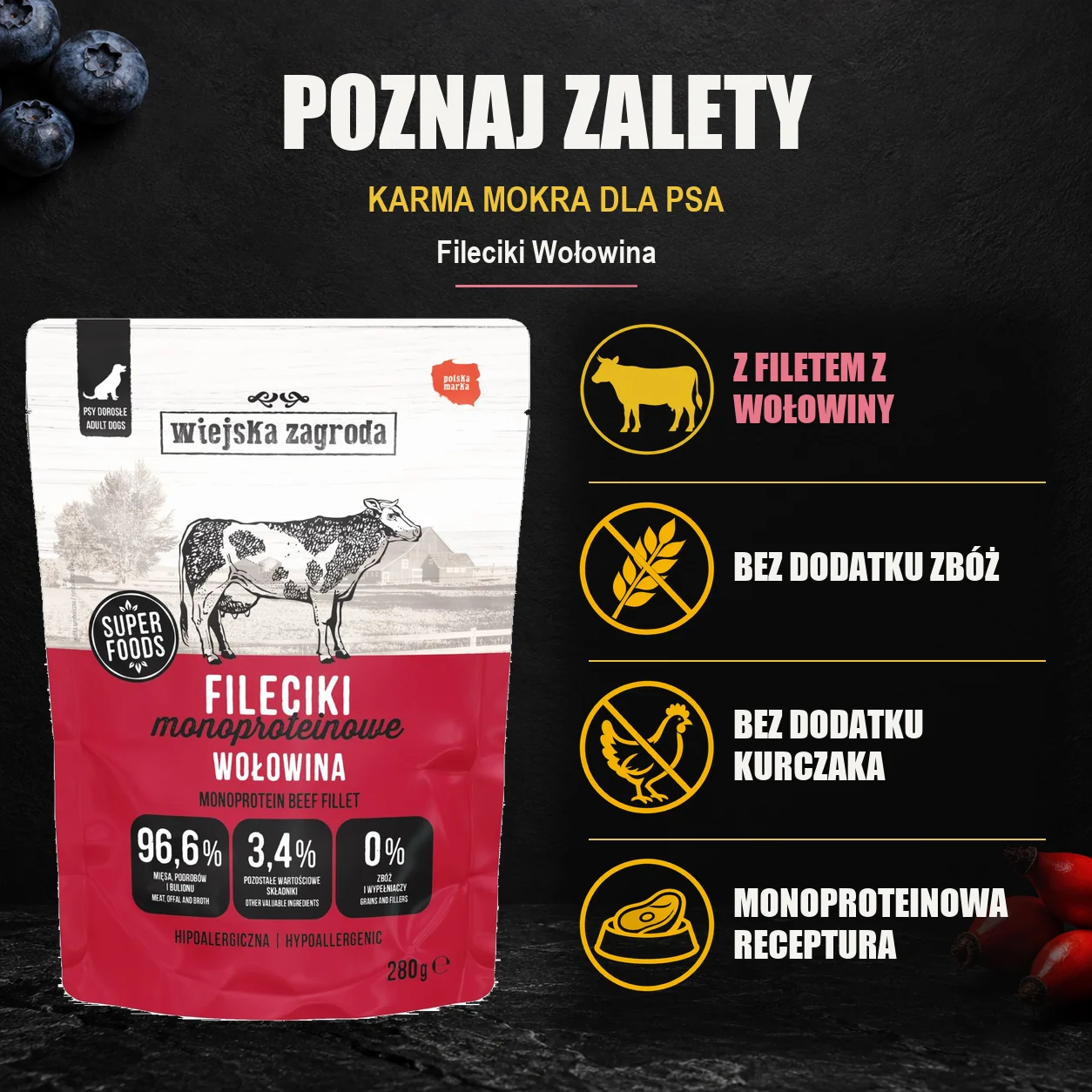 Wiejska Zagroda Fileciki Wołowina — zalety karmy mokrej dla psa.