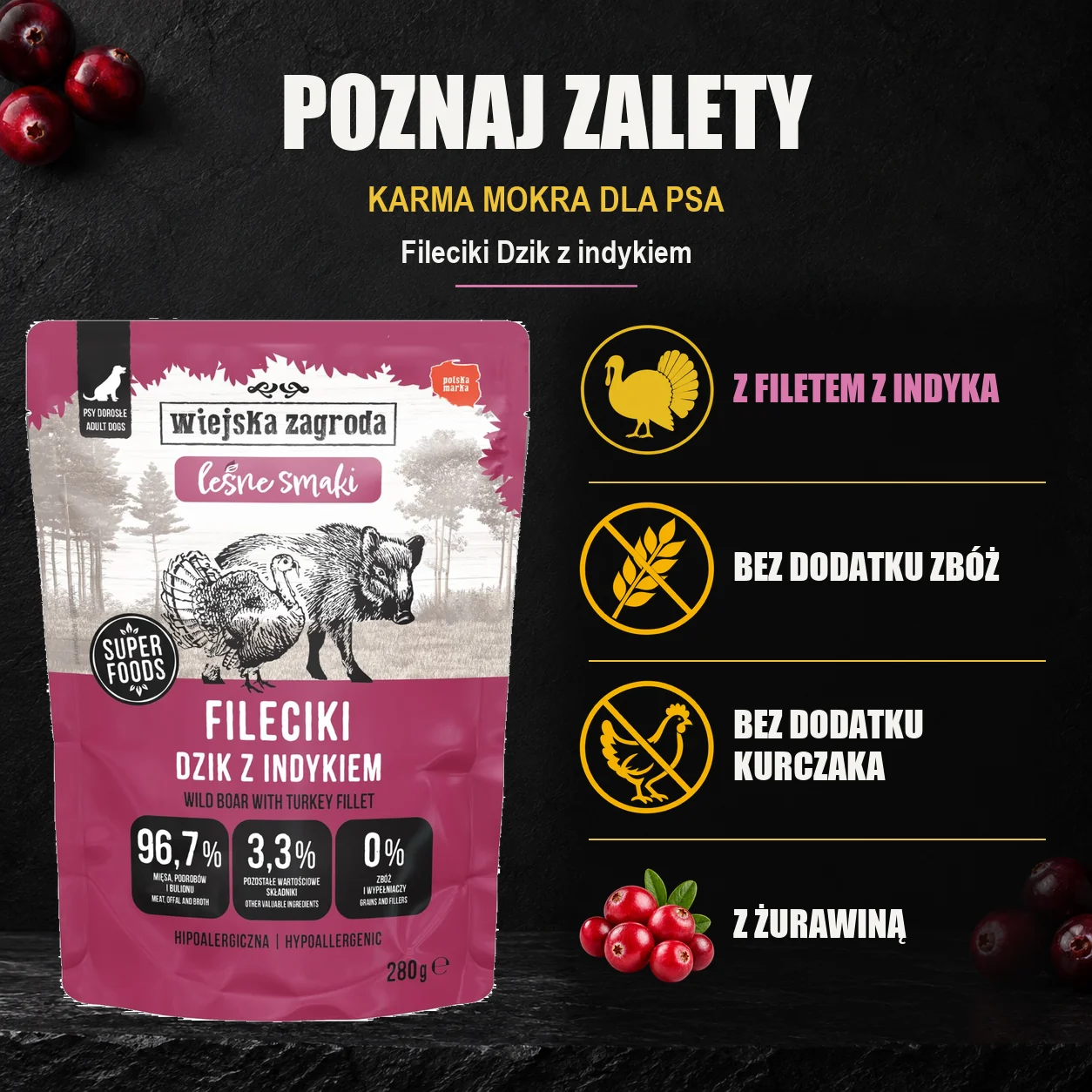 Wiejska Zagroda Fileciki Dzik z indykiem — zalety karmy mokrej dla psa.
