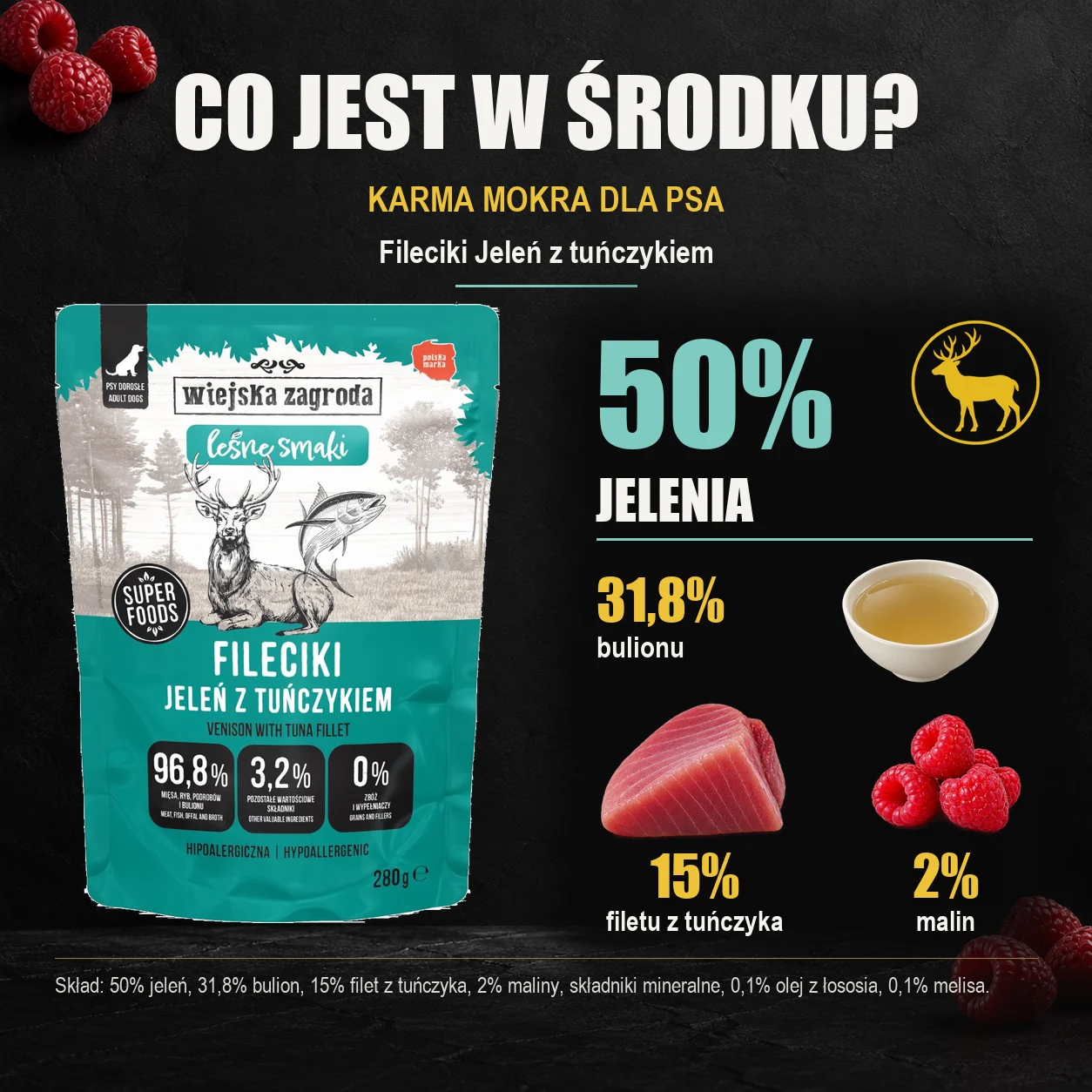 Wiejska Zagroda Fileciki Jeleń z tuńczykiem — skład karmy mokrej dla psa.