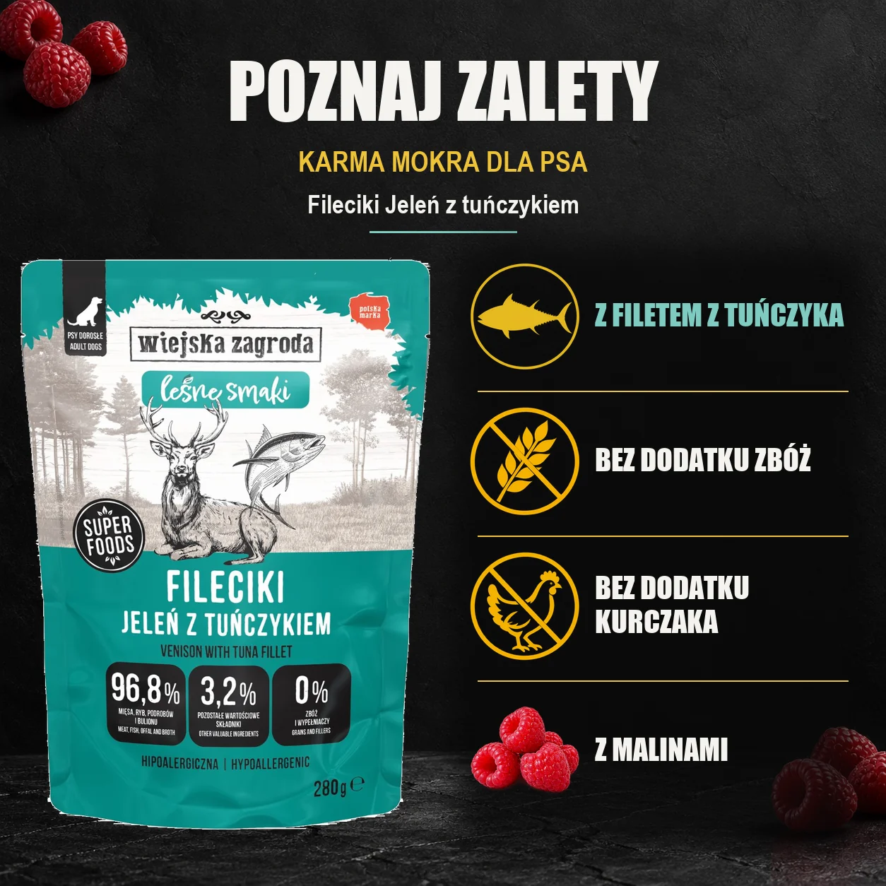 Wiejska Zagroda Fileciki Jeleń z tuńczykiem — zalety karmy mokrej dla psa.
