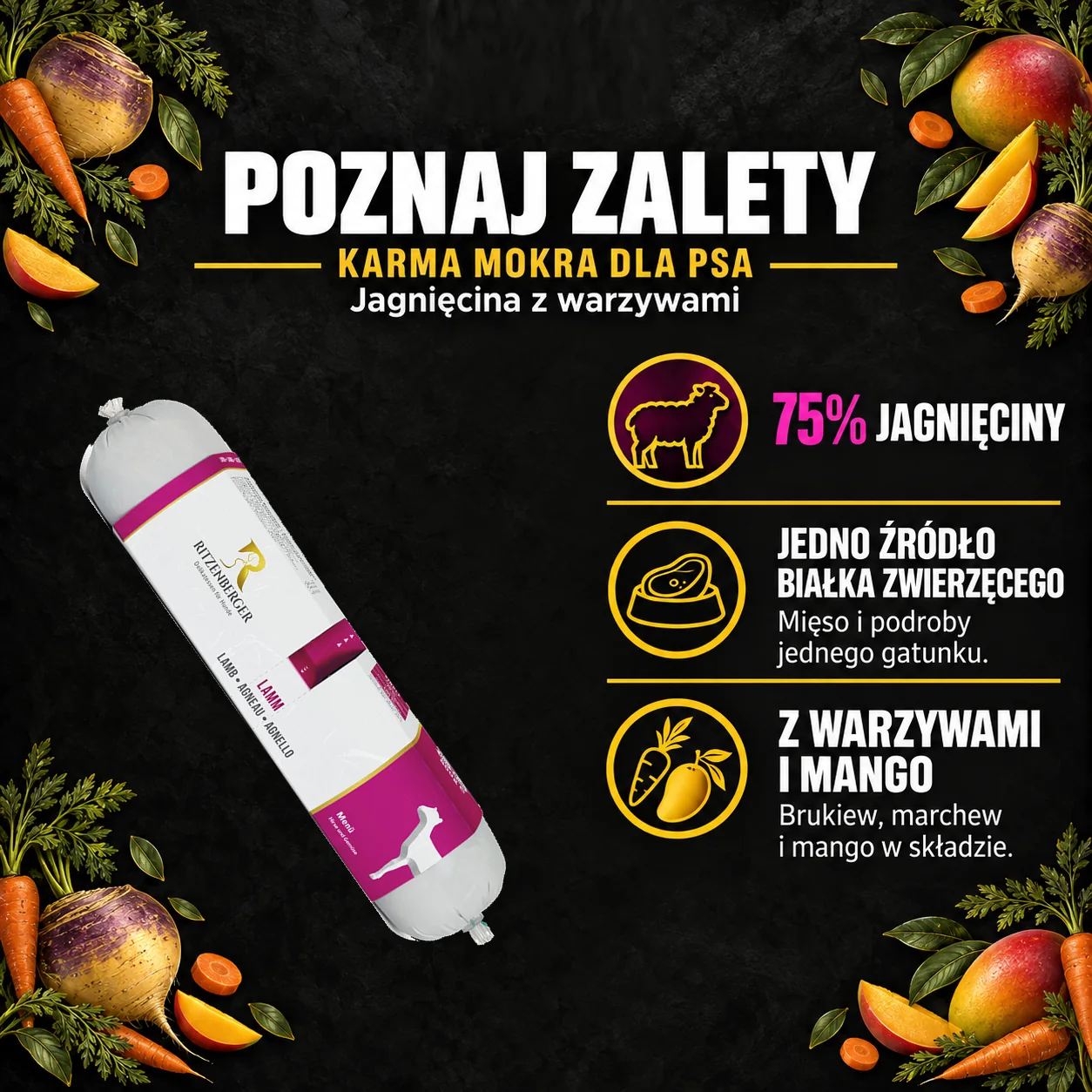 Poznaj zalety — Ritzenberger, Jagnięcina z warzywami. Cechy konkretnej karmy z oryginalnym opakowaniem.