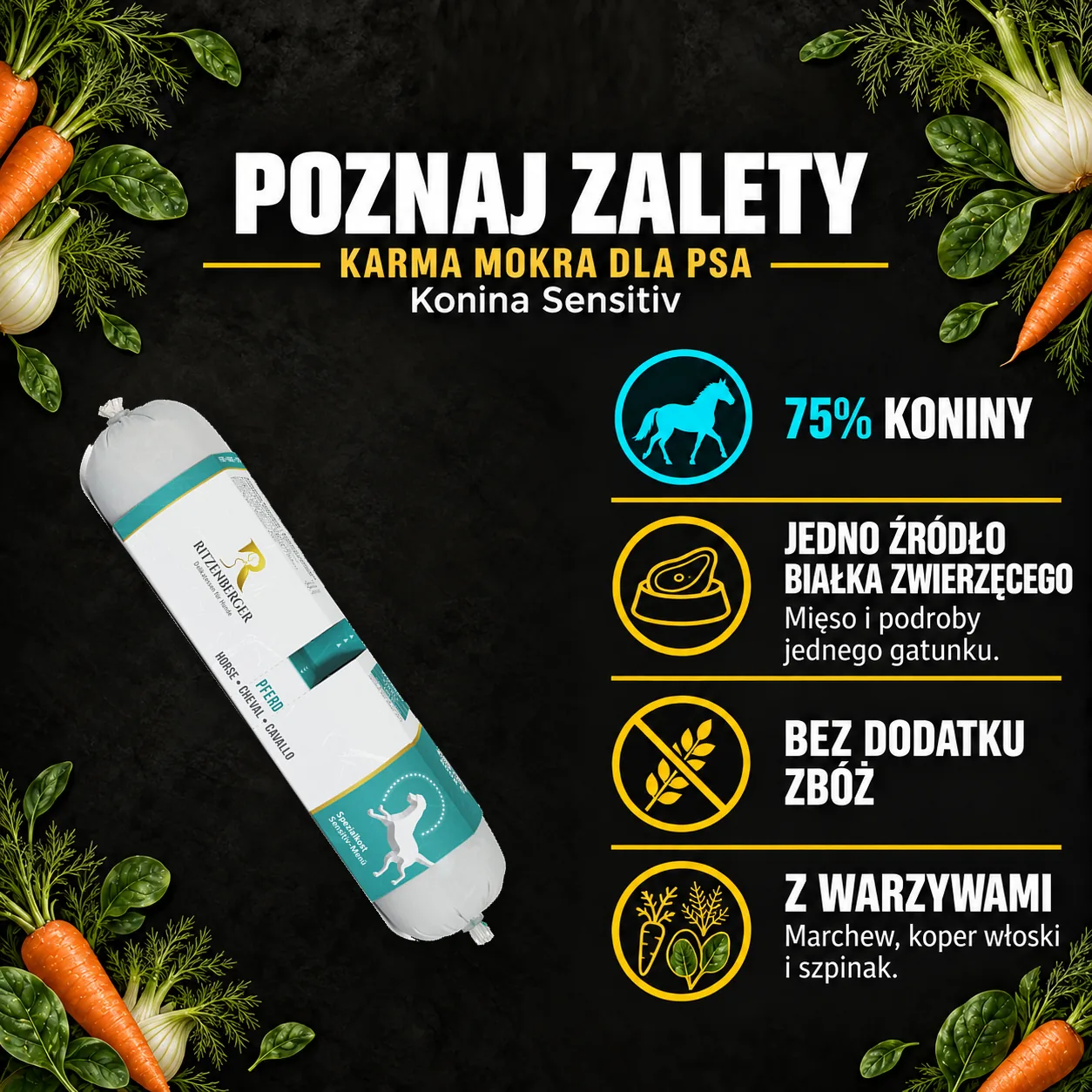Poznaj zalety — Ritzenberger, Konina Sensitiv. Cechy konkretnej karmy z oryginalnym opakowaniem.