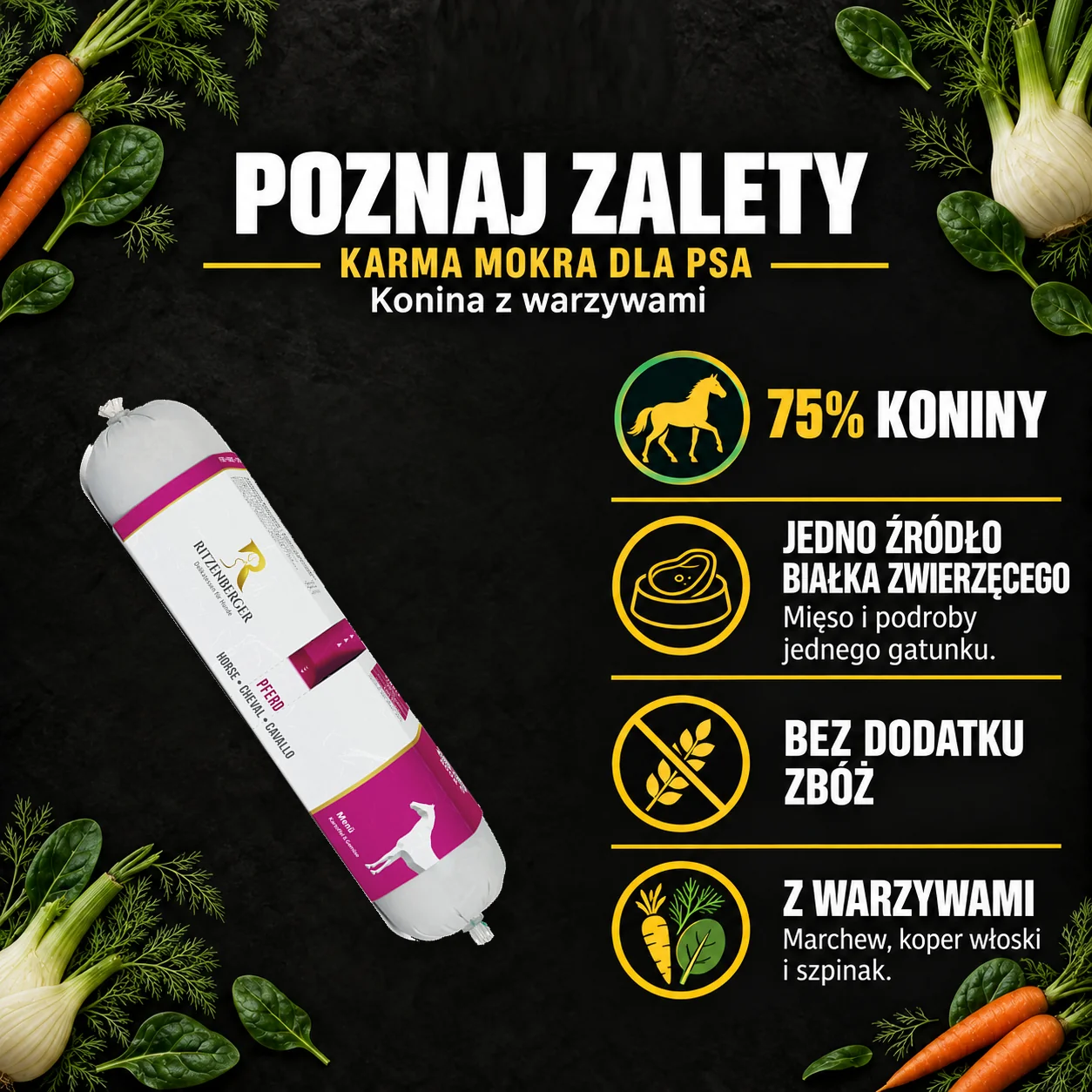 Poznaj zalety — Ritzenberger, Konina z warzywami. Cechy konkretnej karmy z oryginalnym opakowaniem.
