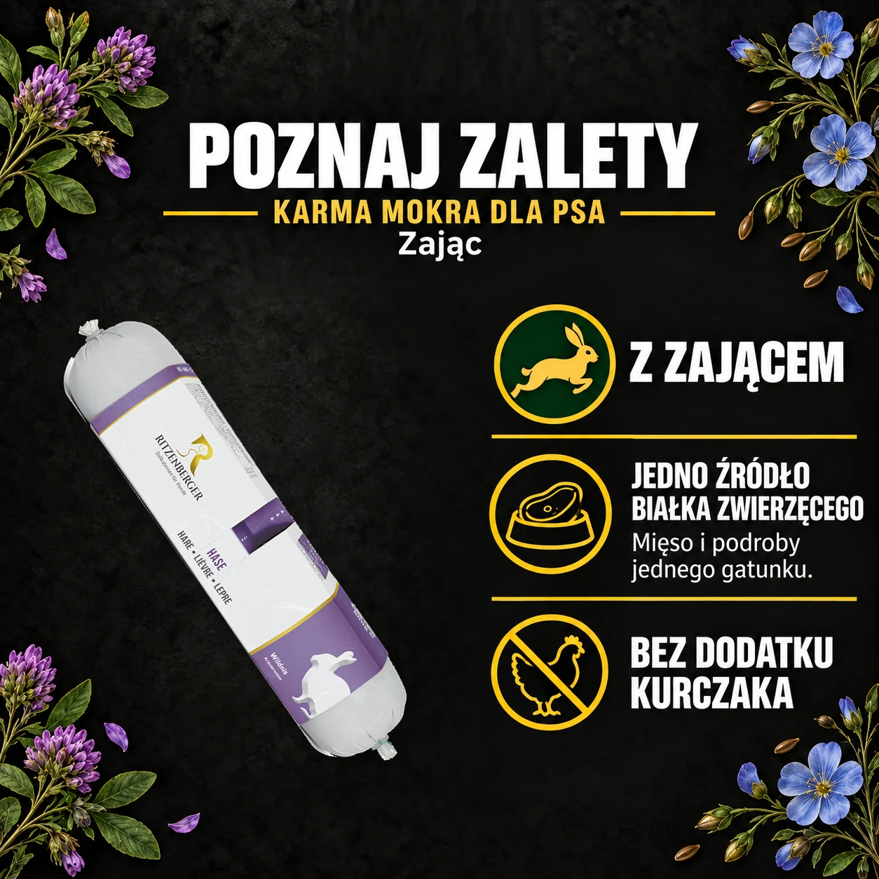 Poznaj zalety — Ritzenberger, Zając. Cechy konkretnej karmy z oryginalnym opakowaniem.