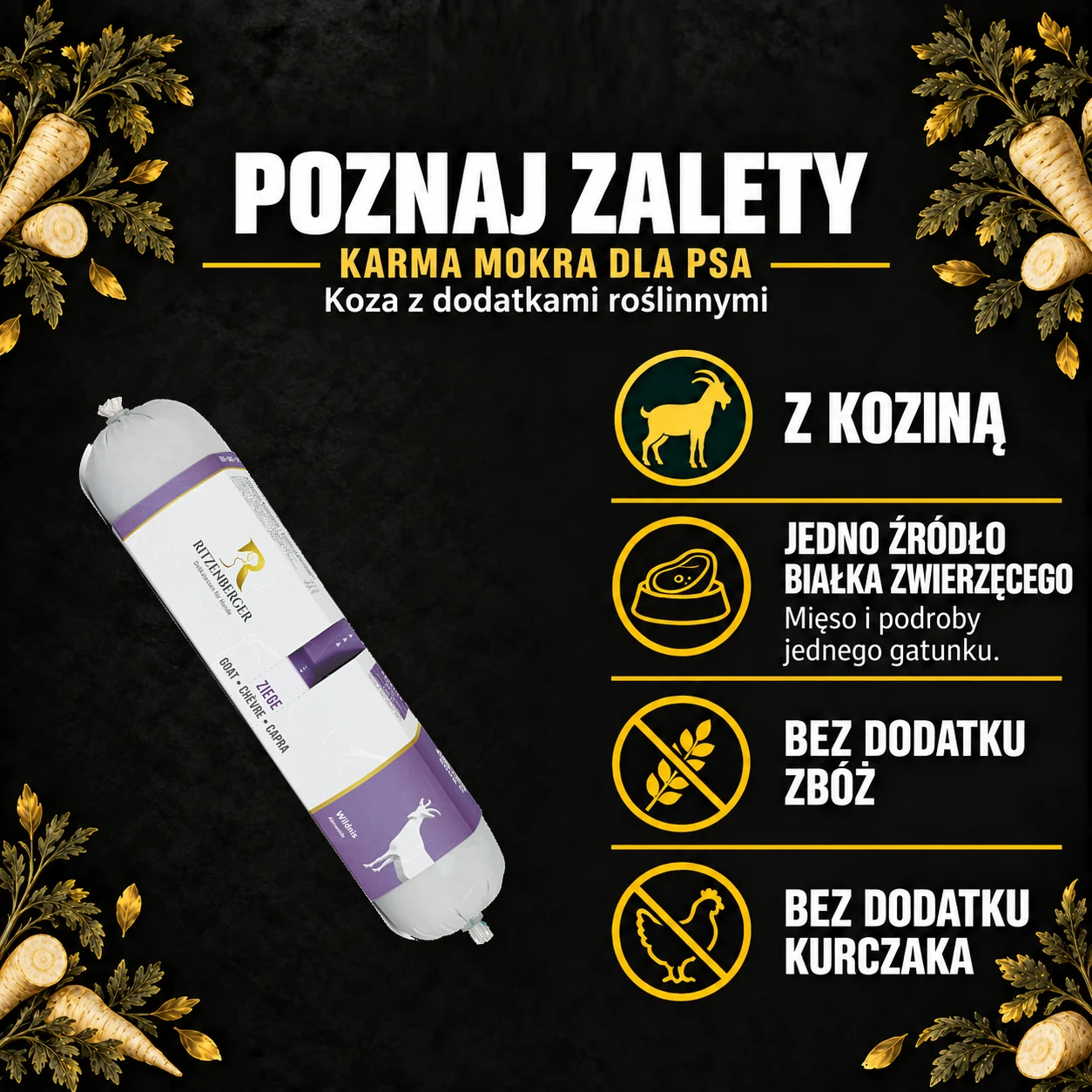 Poznaj zalety — Ritzenberger, Koza z dodatkami roślinnymi. Cechy konkretnej karmy z oryginalnym opakowaniem.