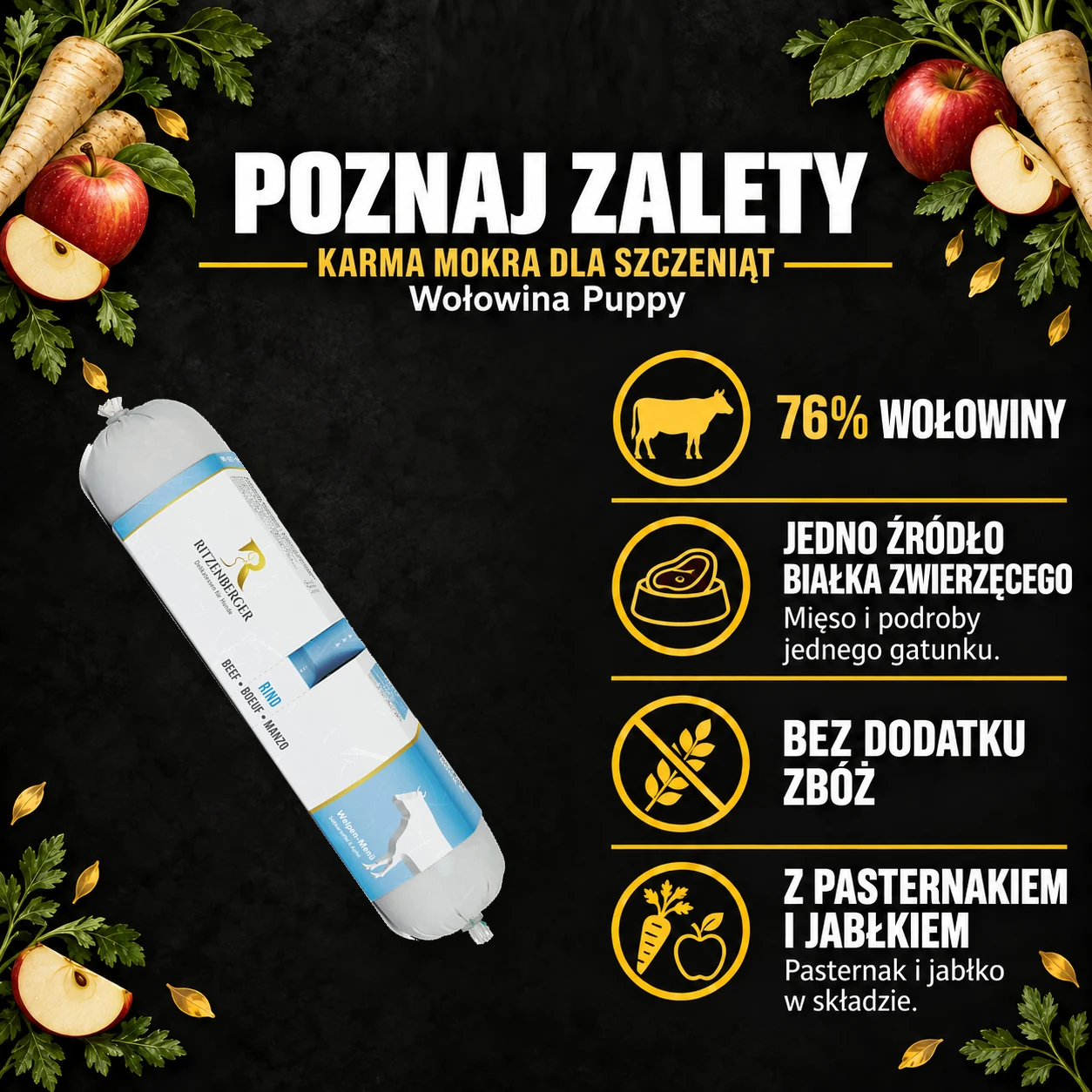 Poznaj zalety — Ritzenberger, Wołowina Puppy. Cechy konkretnej karmy z oryginalnym opakowaniem.