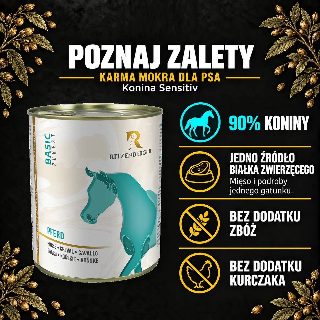 Poznaj zalety — Ritzenberger, Konina Sensitiv. Cechy konkretnej karmy z oryginalnym opakowaniem.