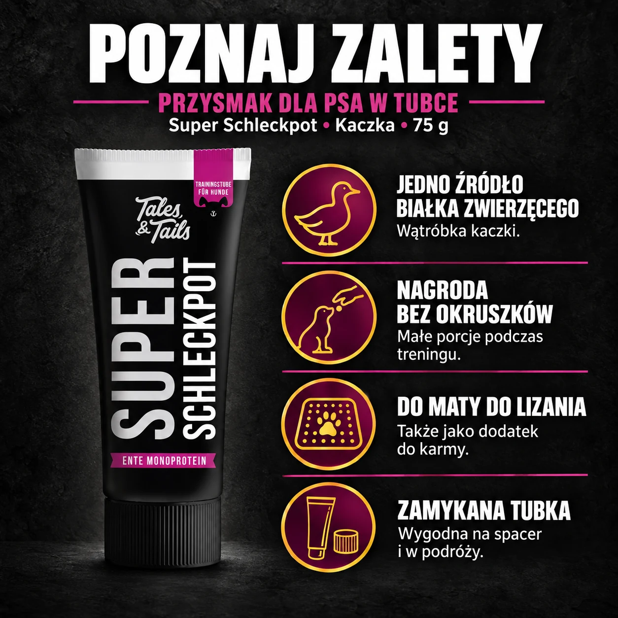 Zalety Super Schleckpot z kaczką: jedno źródło białka zwierzęcego, porcjowanie, mata do lizania i zamykana tubka